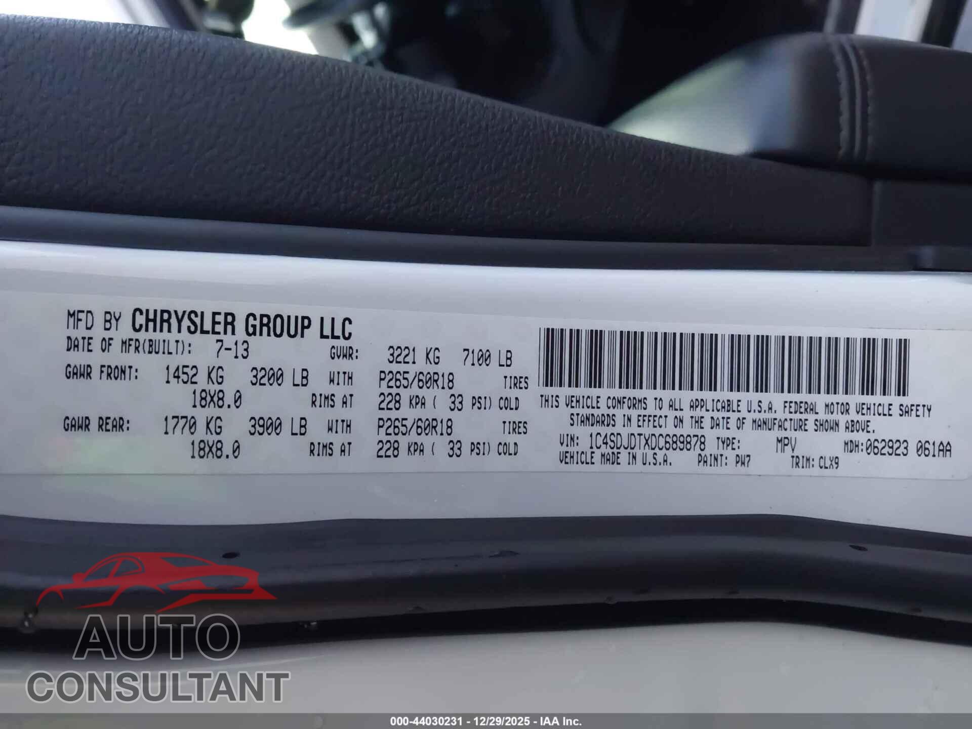 DODGE DURANGO 2013 - 1C4SDJDTXDC689878