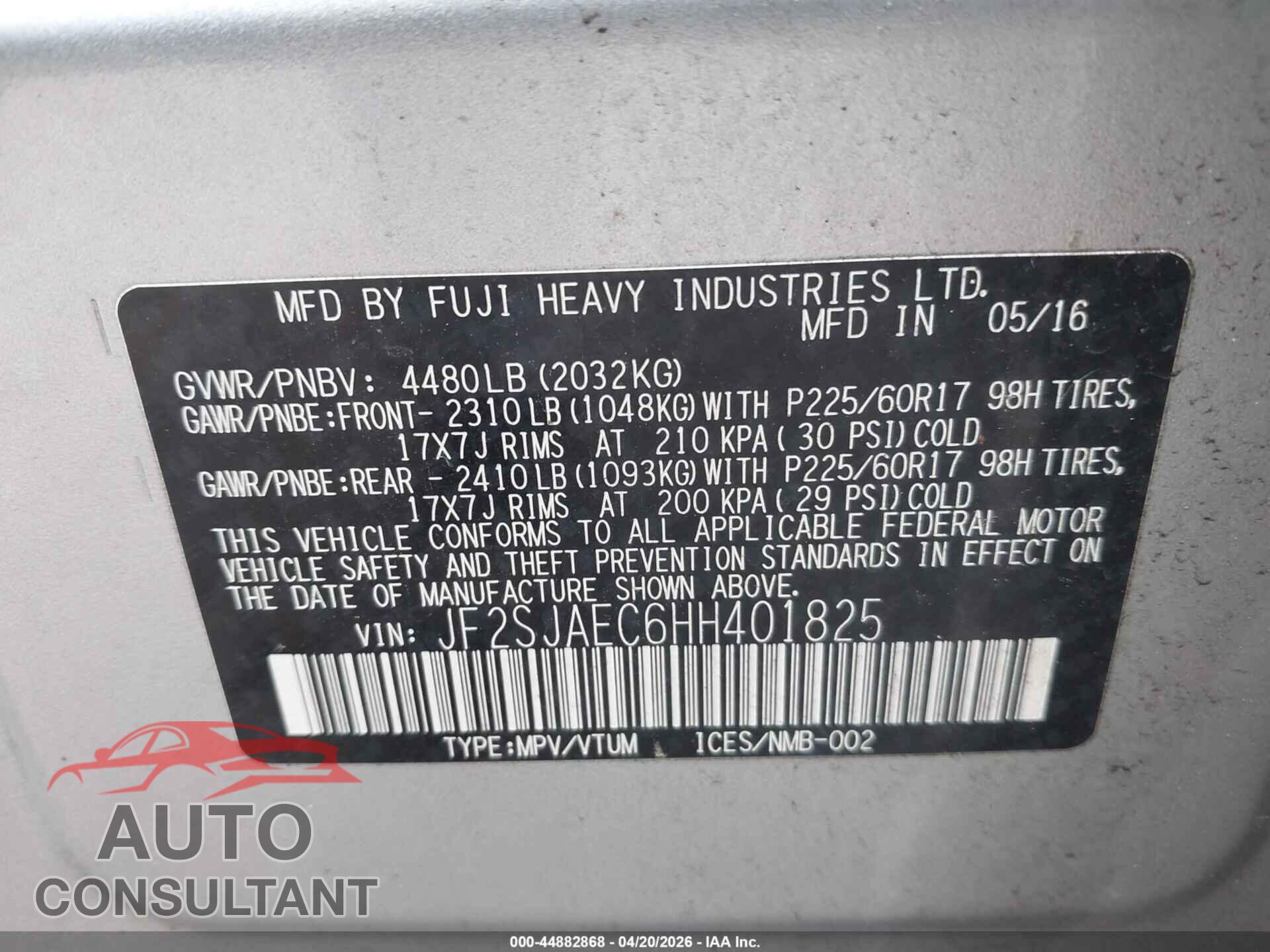 SUBARU FORESTER 2017 - JF2SJAEC6HH401825