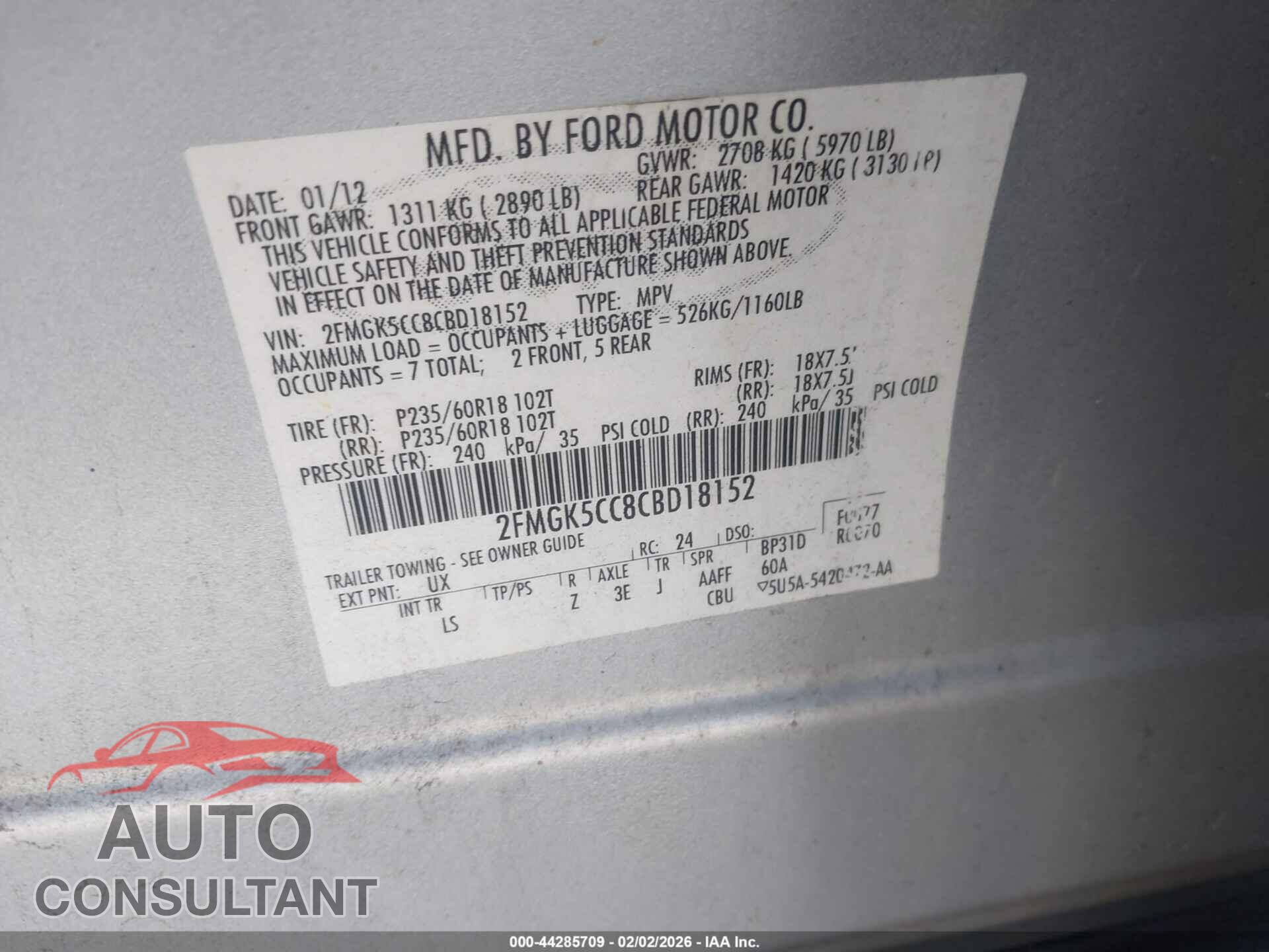 FORD FLEX 2012 - 2FMGK5CC8CBD18152