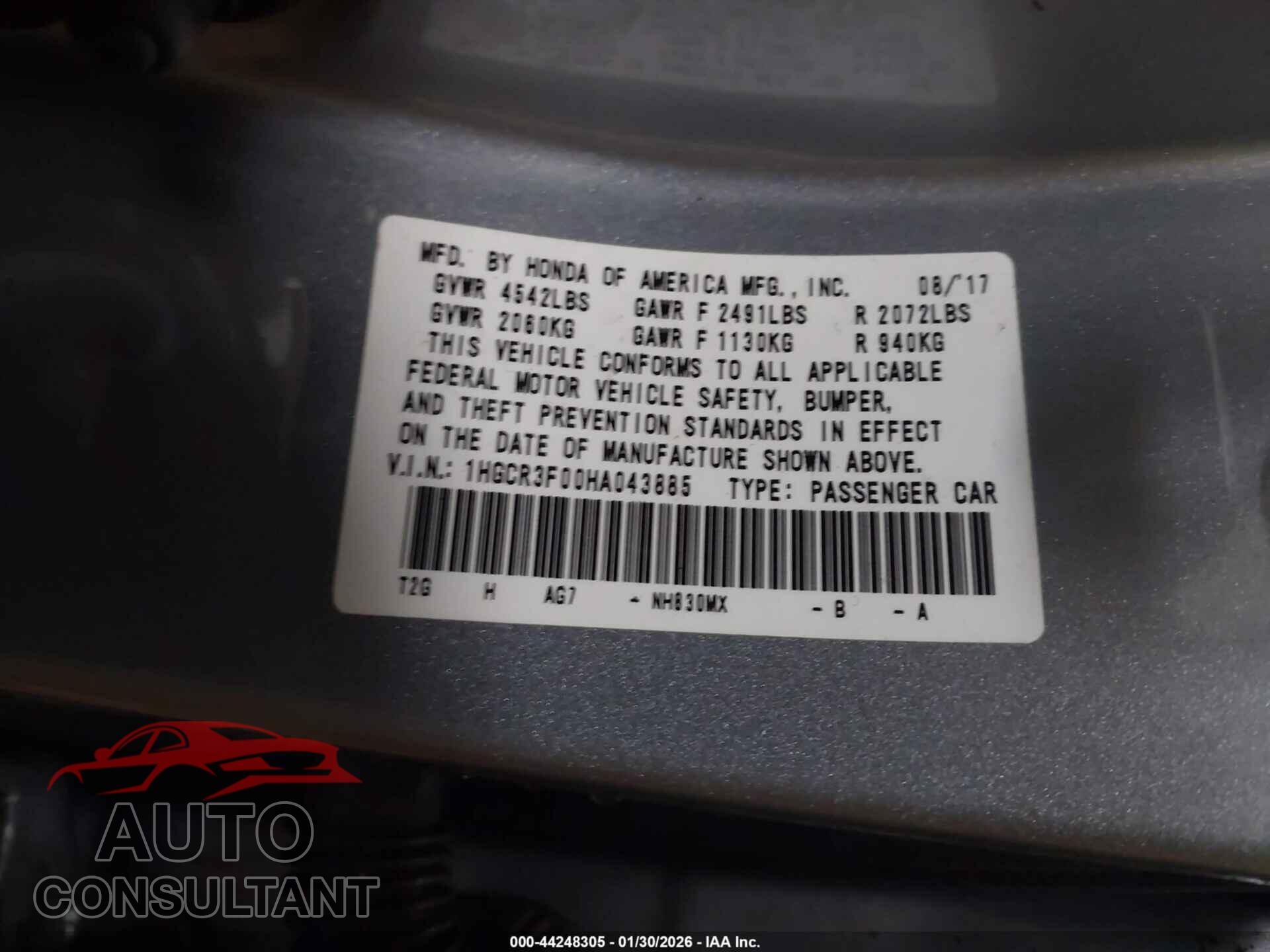 HONDA ACCORD 2017 - 1HGCR3F00HA043885