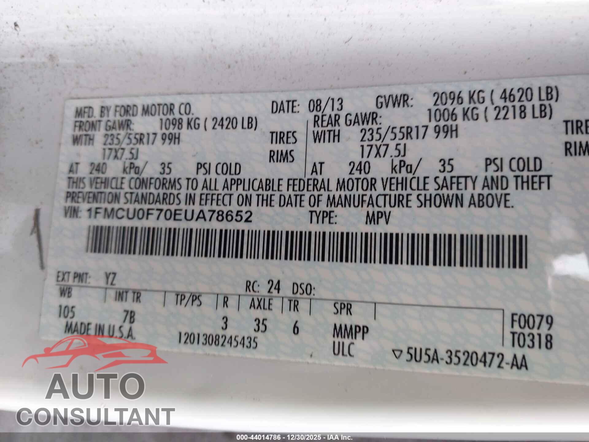 FORD ESCAPE 2014 - 1FMCU0F70EUA78652
