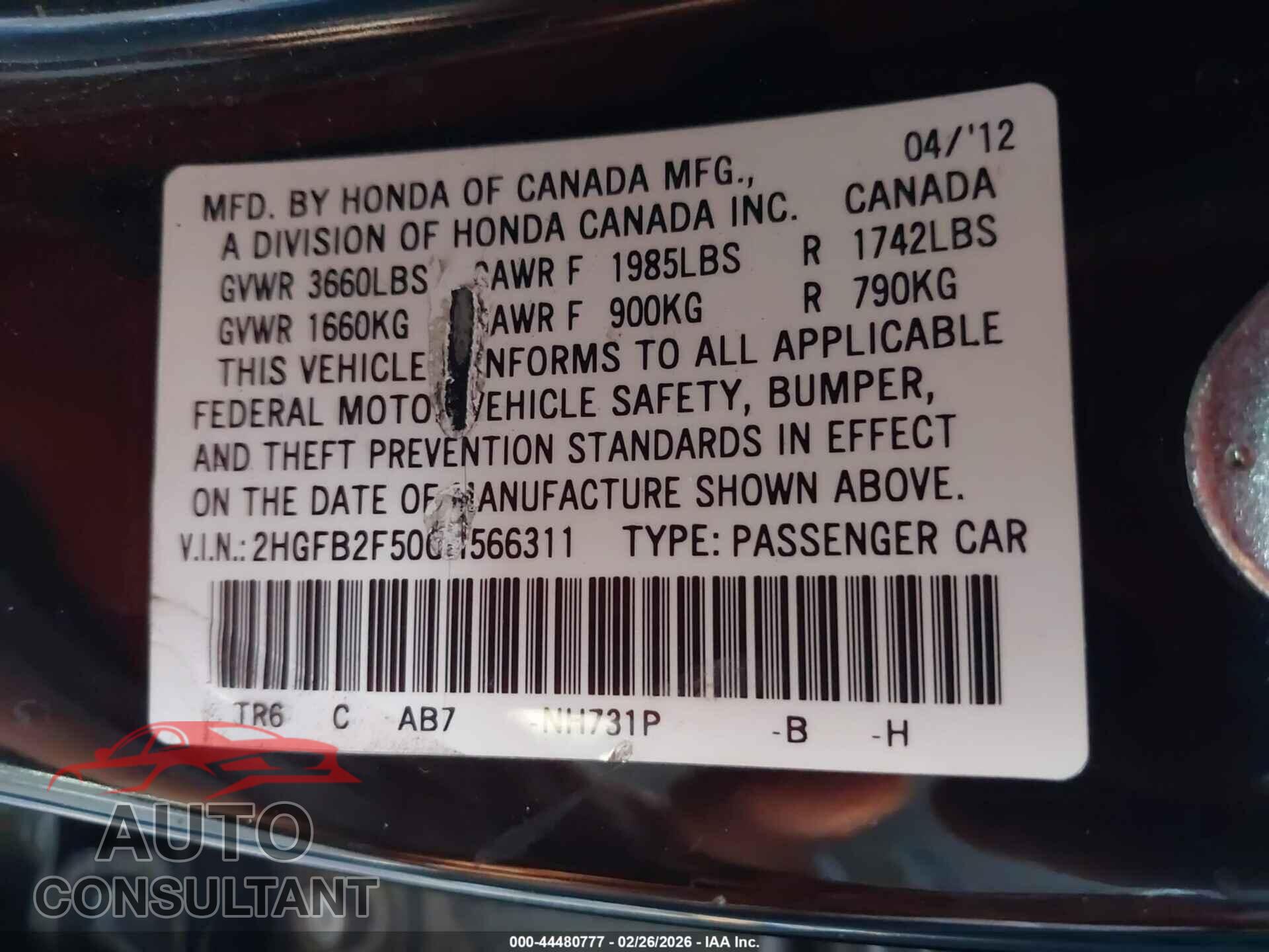 HONDA CIVIC 2012 - 2HGFB2F50CH566311