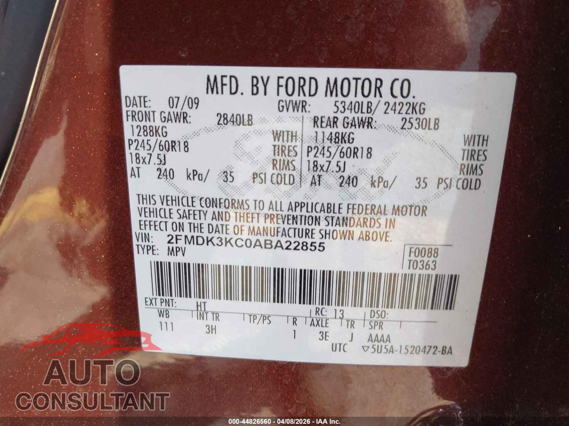 FORD EDGE 2010 - 2FMDK3KC0ABA22855