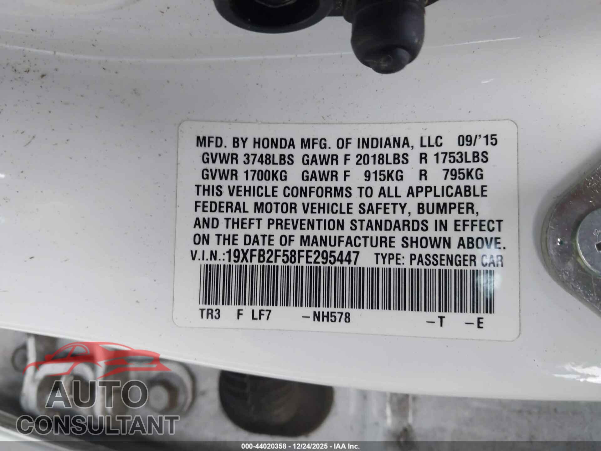 HONDA CIVIC 2015 - 19XFB2F58FE295447