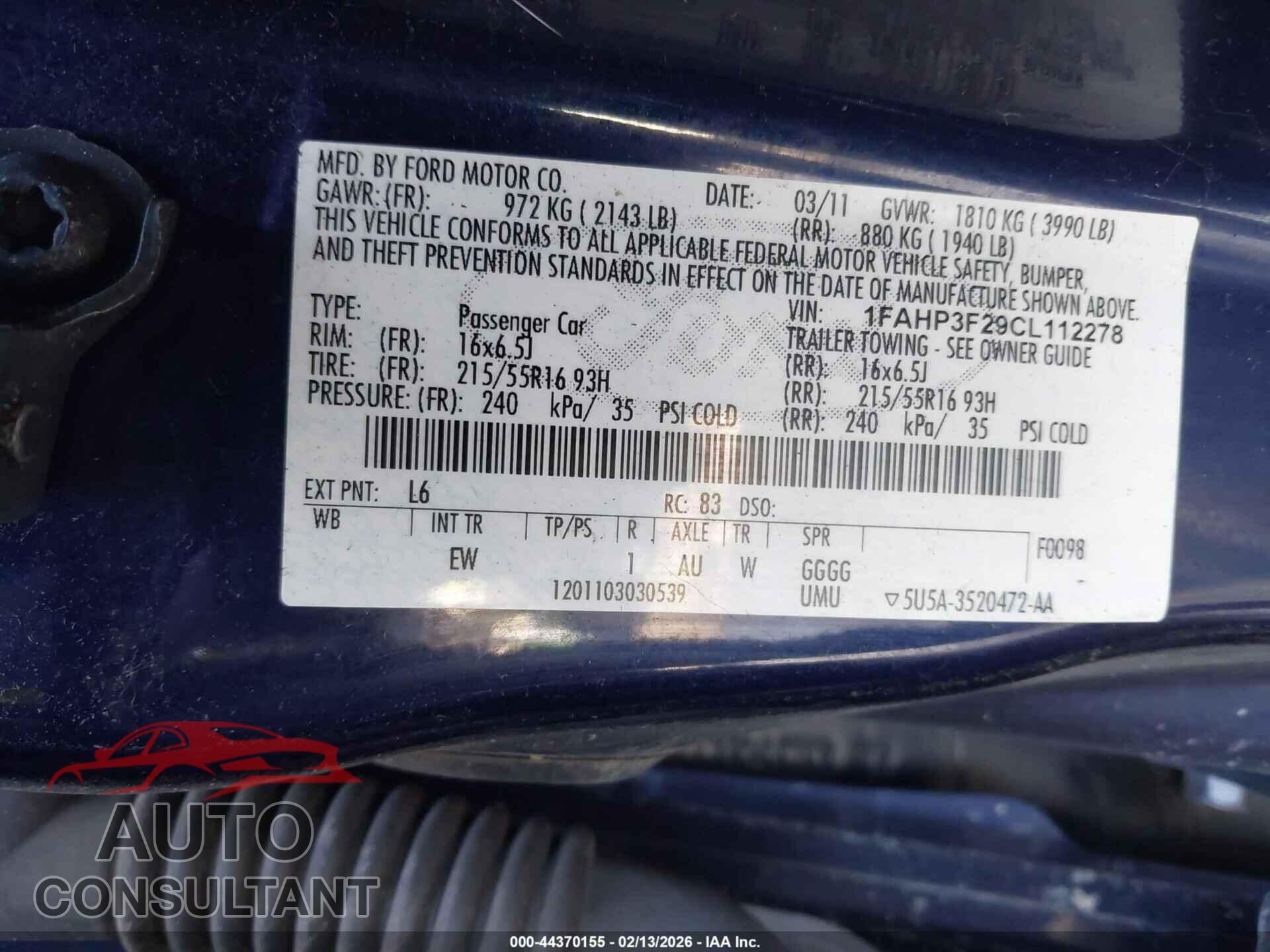 FORD FOCUS 2012 - 1FAHP3F29CL112278