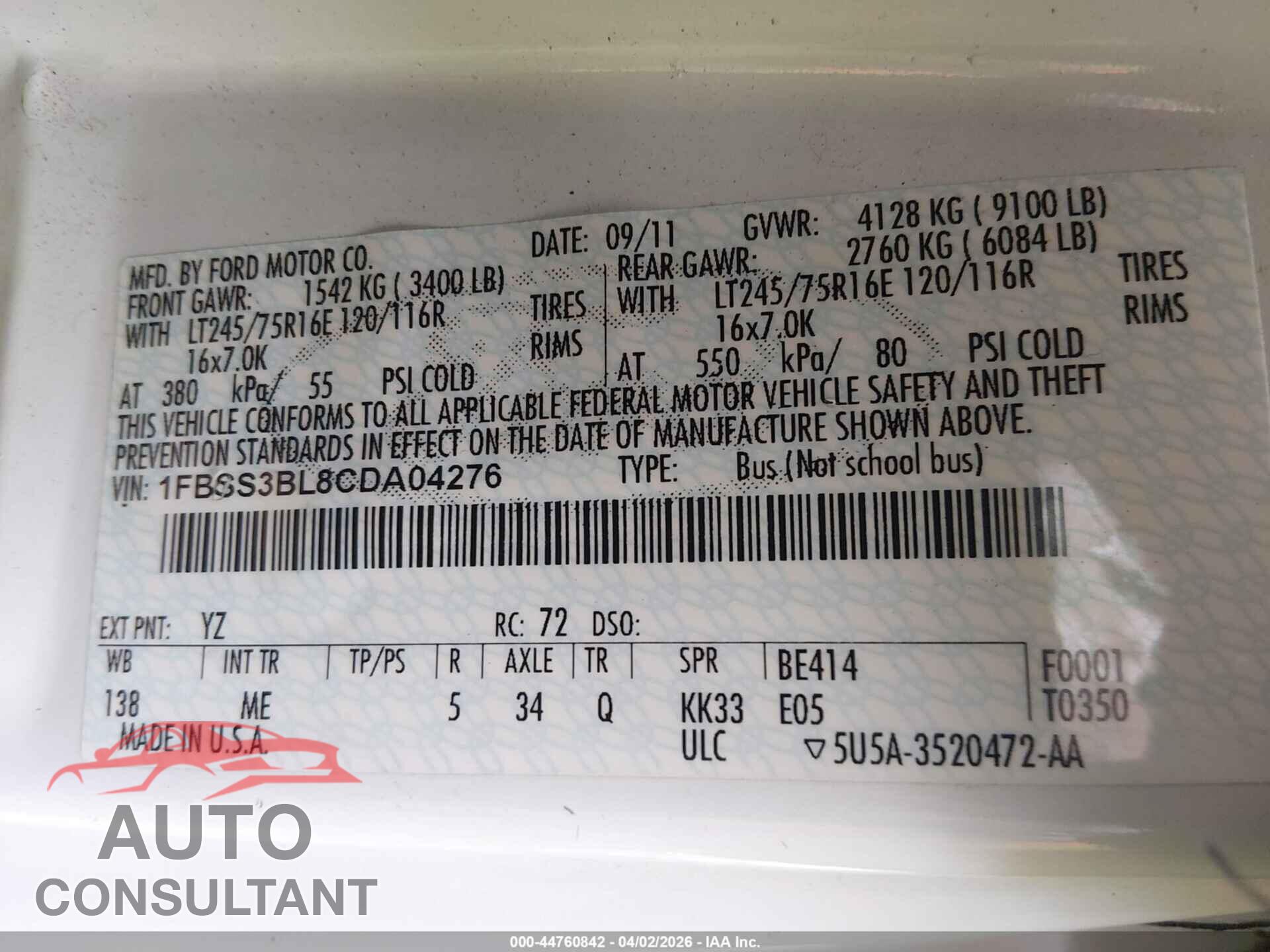 FORD E-350 SUPER DUTY 2012 - 1FBSS3BL8CDA04276