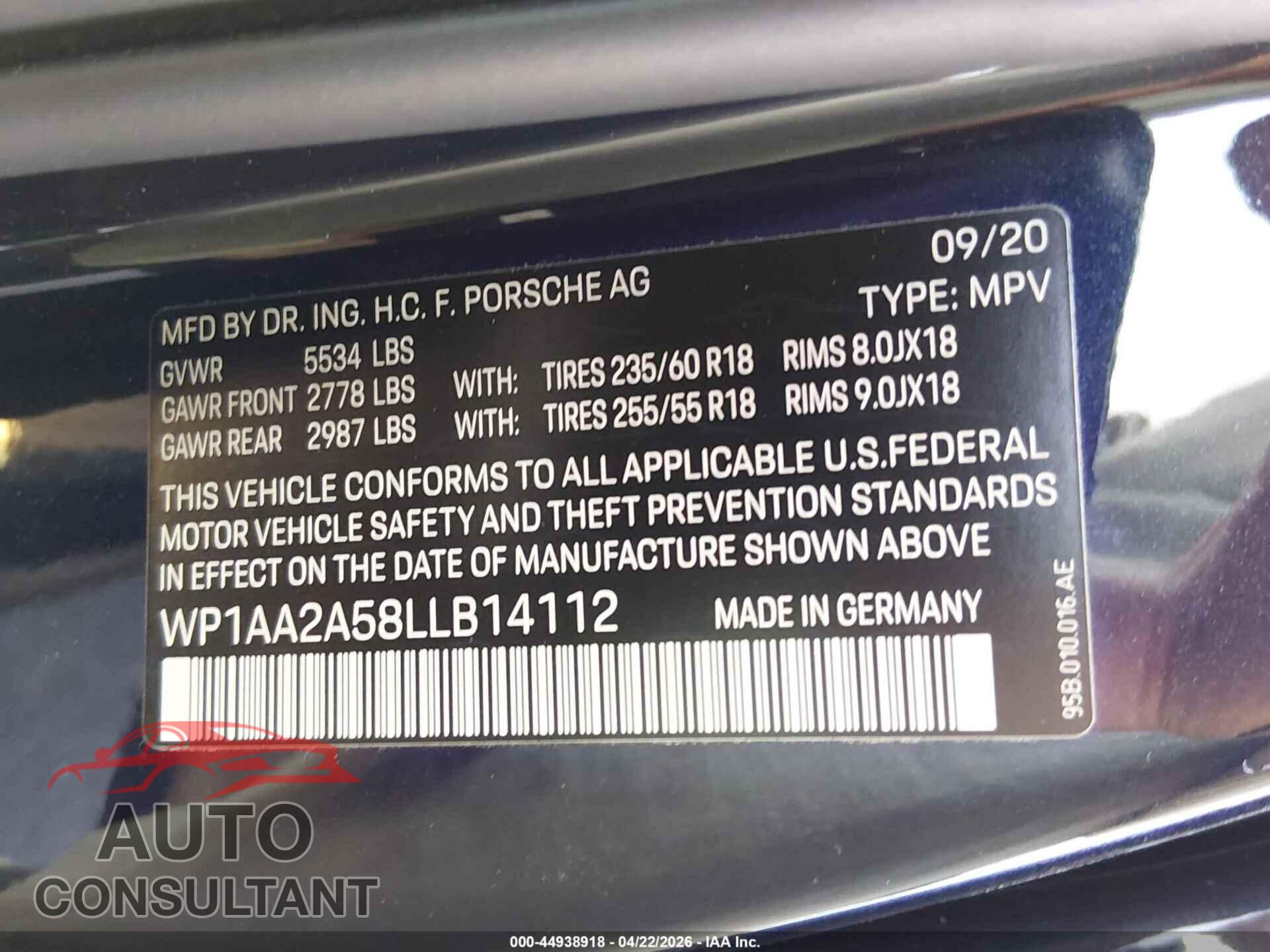 PORSCHE MACAN 2020 - WP1AA2A58LLB14112