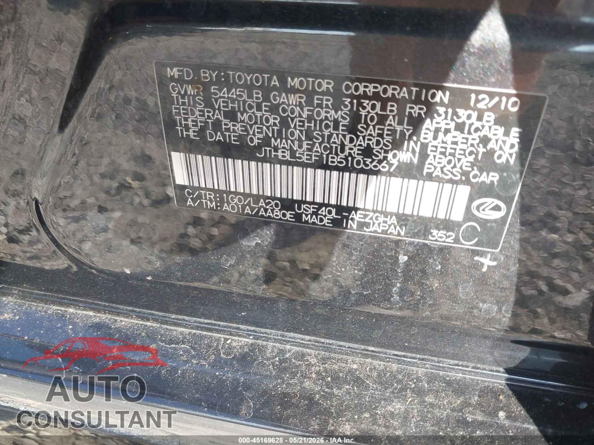 LEXUS LS 460 2011 - JTHBL5EF1B5103667