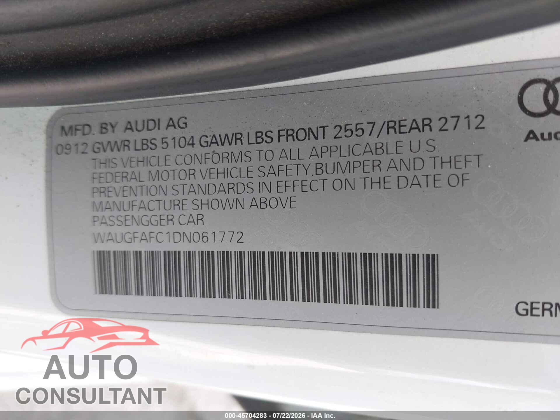 AUDI A6 2013 - WAUGFAFC1DN061772