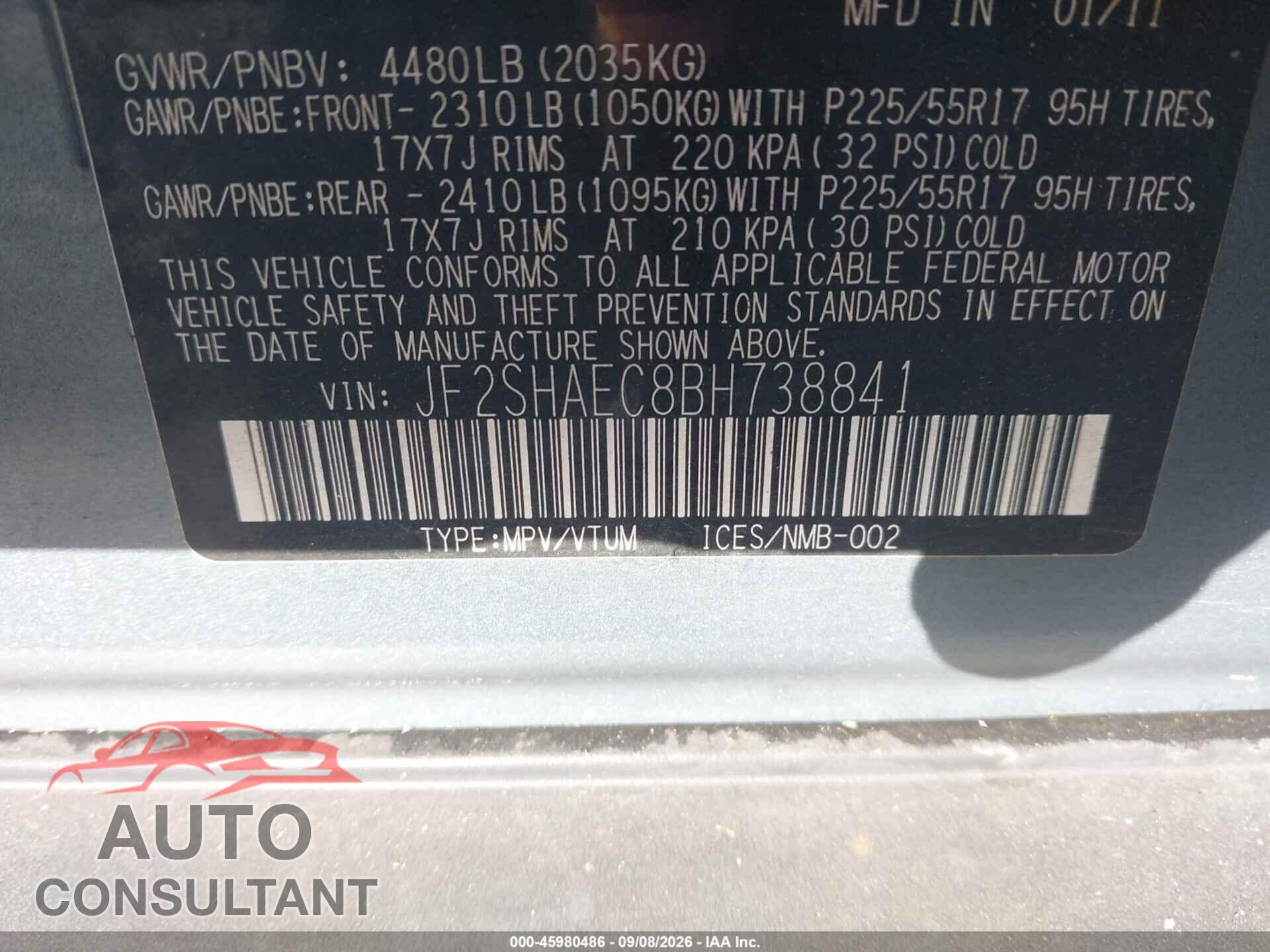 SUBARU FORESTER 2011 - JF2SHAEC8BH738841