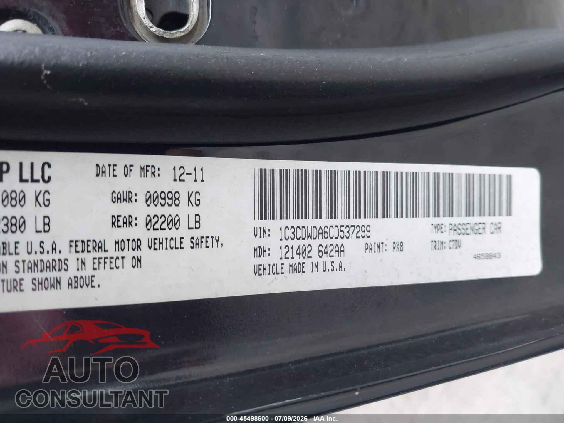 DODGE CALIBER 2012 - 1C3CDWDA6CD537299