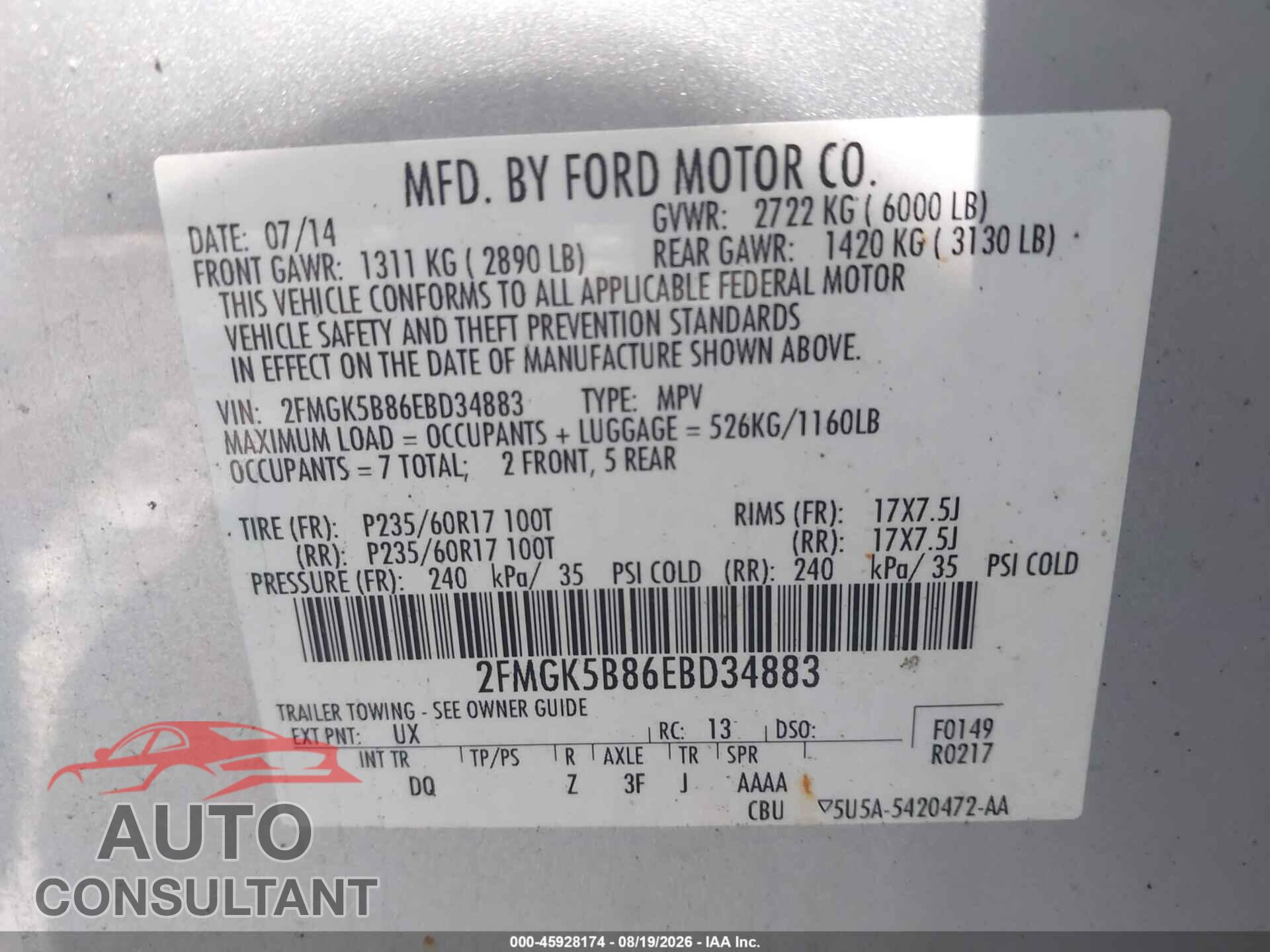 FORD FLEX 2014 - 2FMGK5B86EBD34883