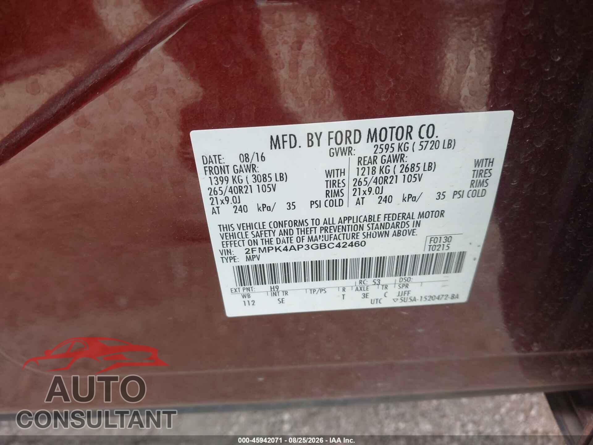 FORD EDGE 2016 - 2FMPK4AP3GBC42460