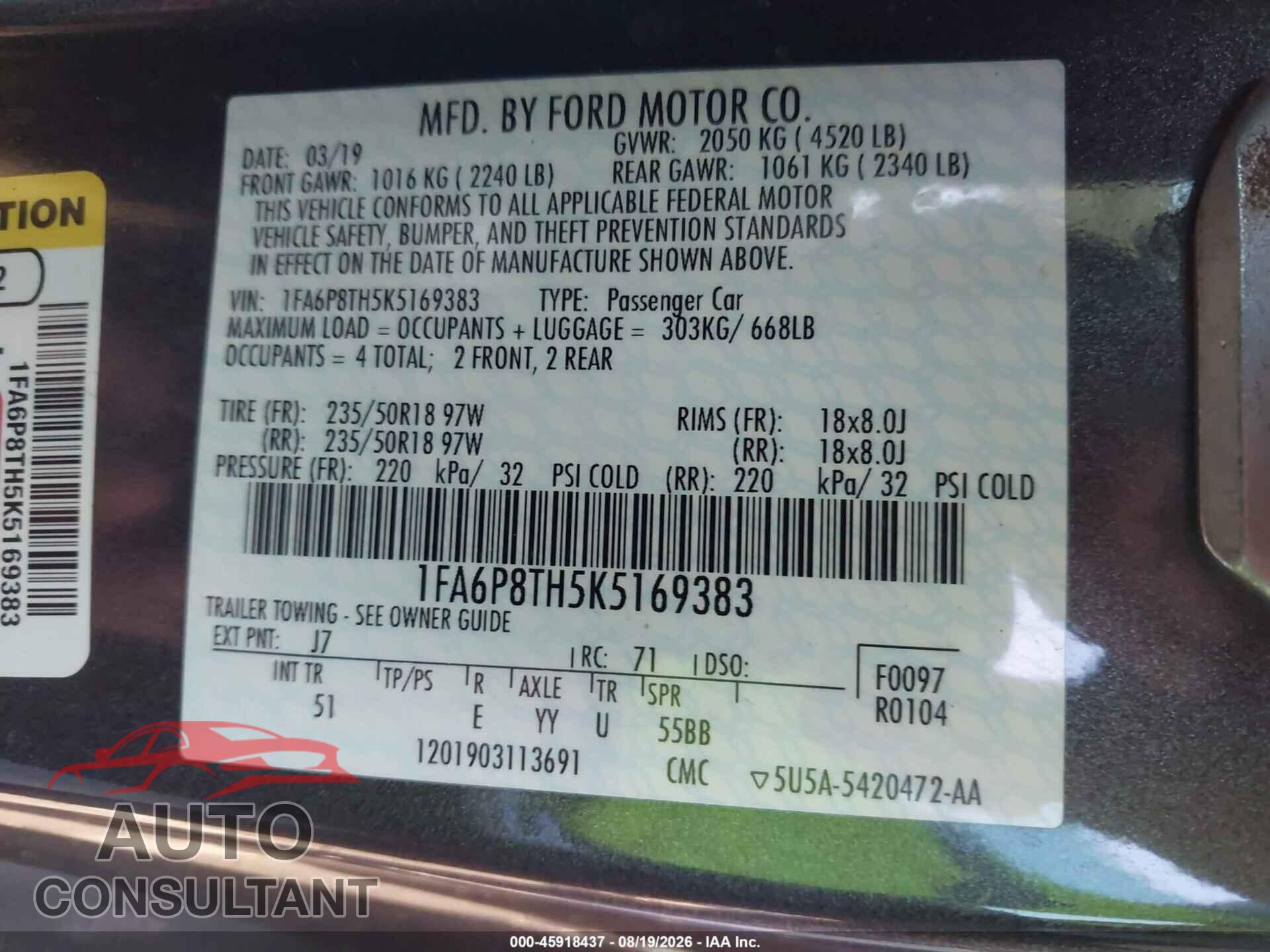 FORD MUSTANG 2019 - 1FA6P8TH5K5169383
