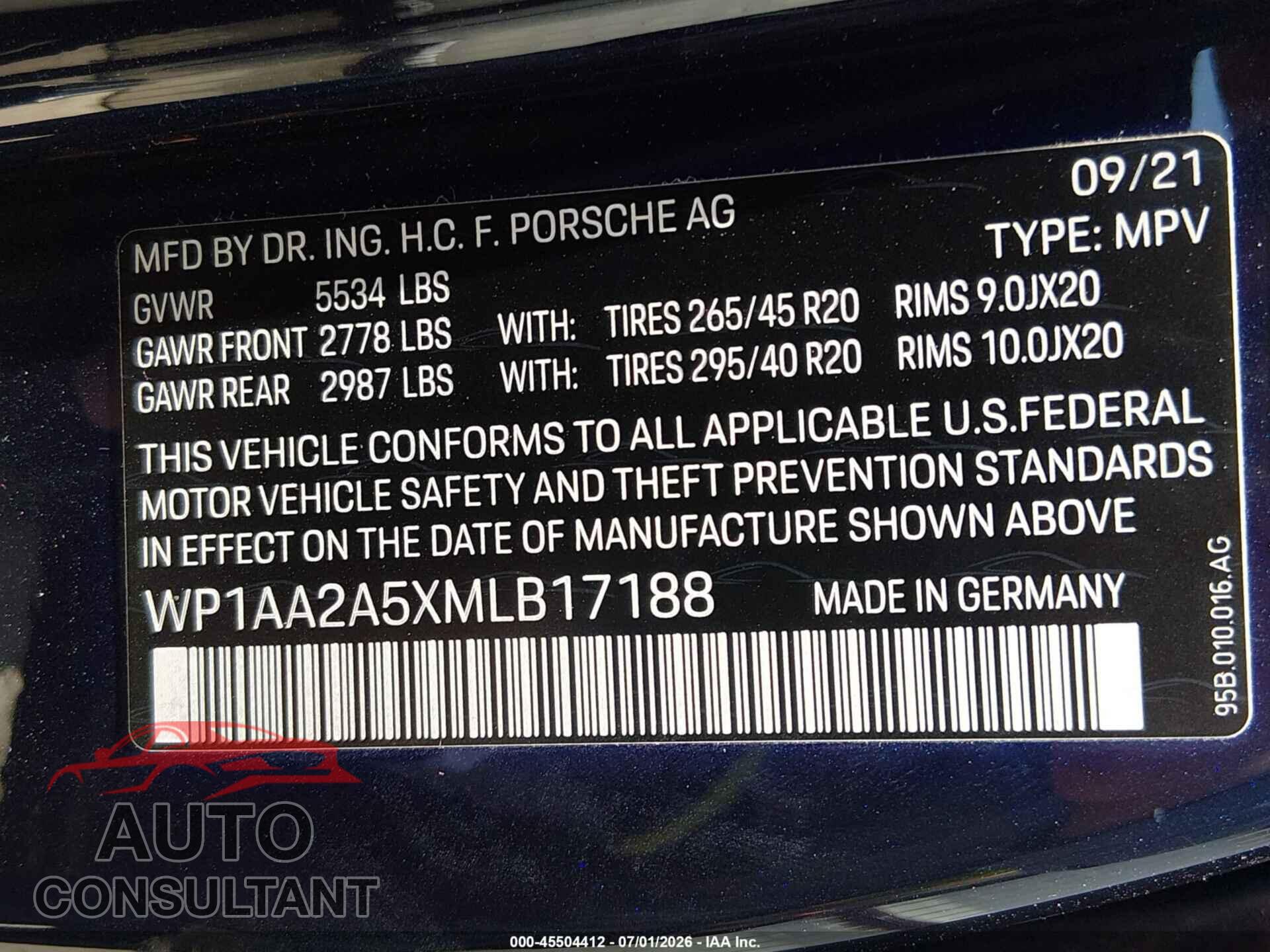 PORSCHE MACAN 2021 - WP1AA2A5XMLB17188
