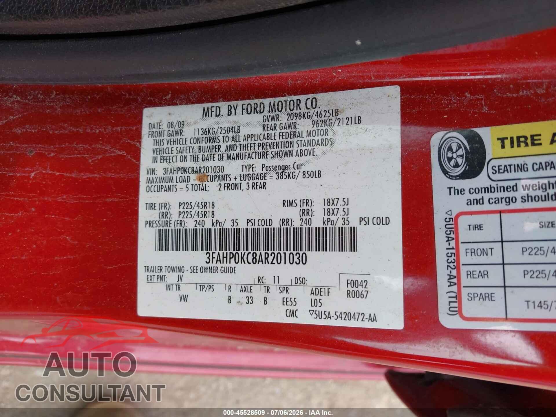 FORD FUSION 2010 - 3FAHP0KC8AR201030