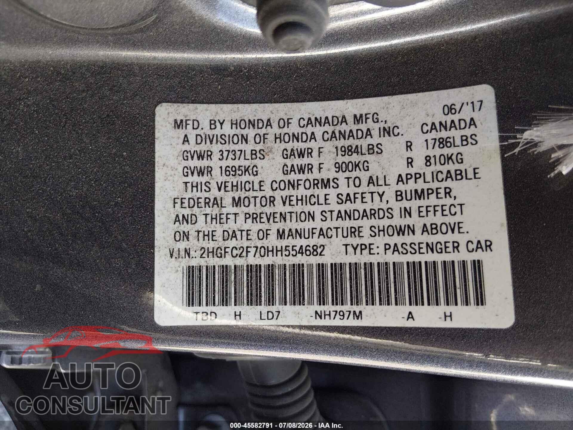 HONDA CIVIC 2017 - 2HGFC2F70HH554682
