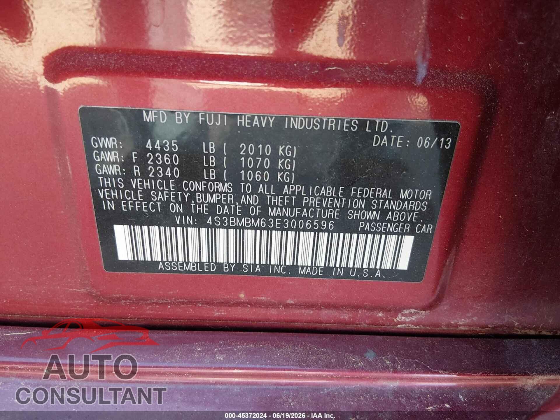 SUBARU LEGACY 2014 - 4S3BMBM63E3006596