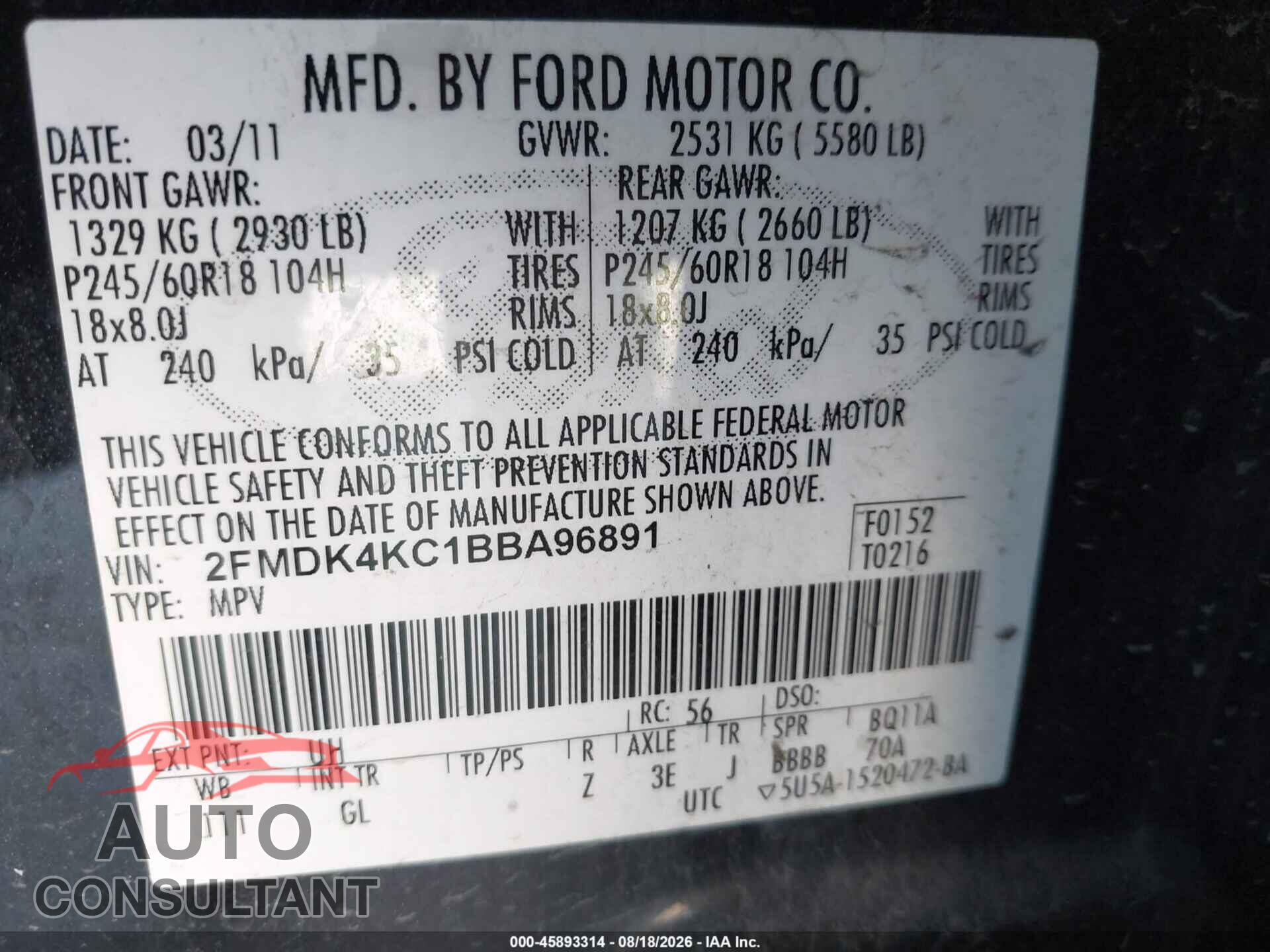 FORD EDGE 2011 - 2FMDK4KC1BBA96891