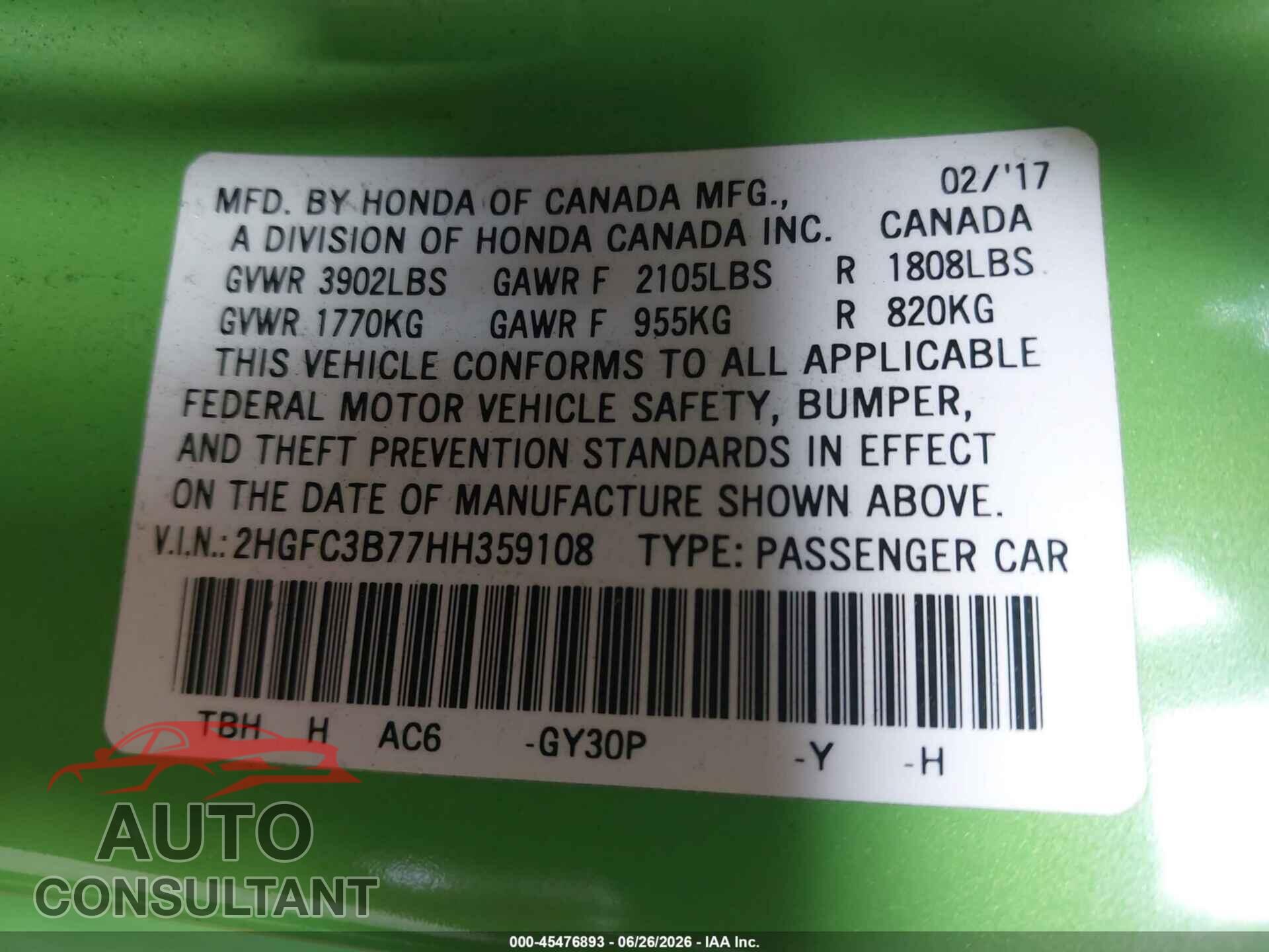 HONDA CIVIC 2017 - 2HGFC3B77HH359108