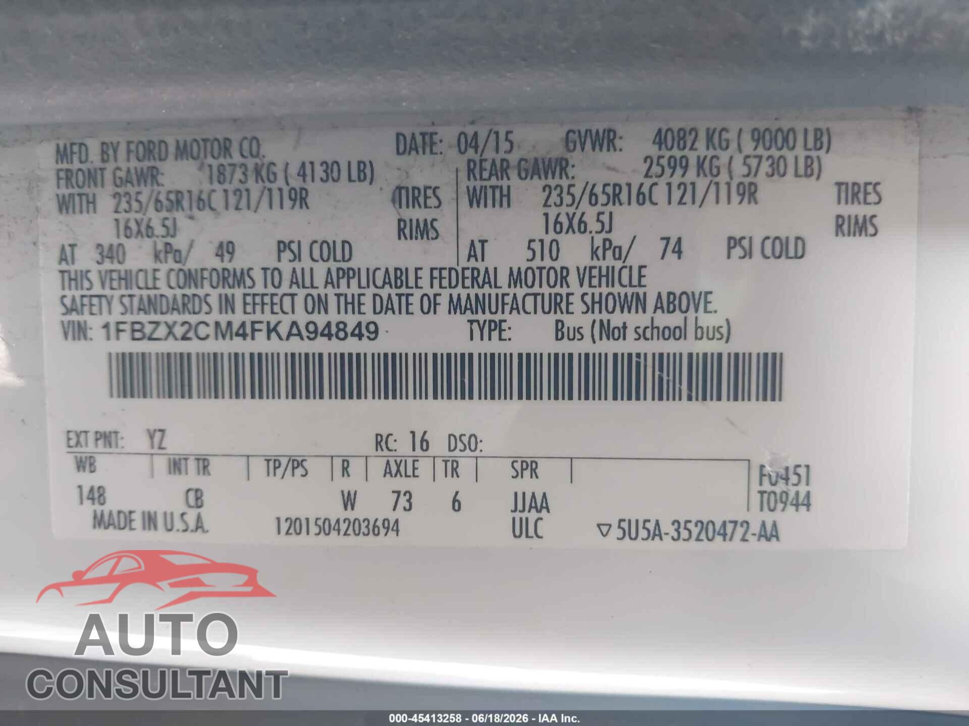 FORD TRANSIT-350 2015 - 1FBZX2CM4FKA94849