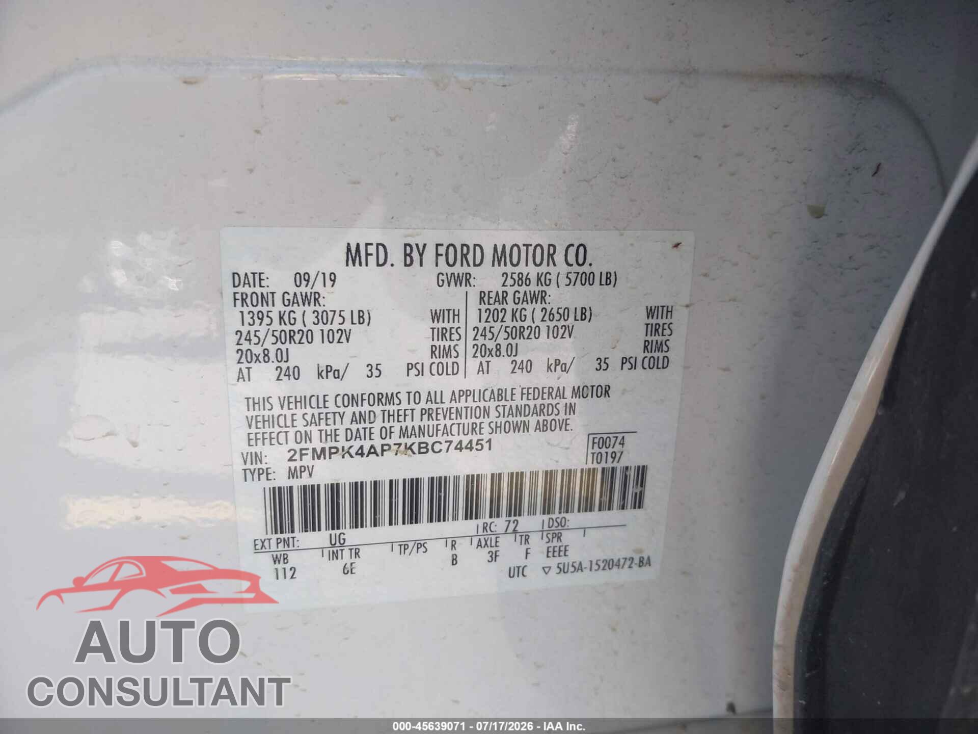 FORD EDGE 2019 - 2FMPK4AP7KBC74451