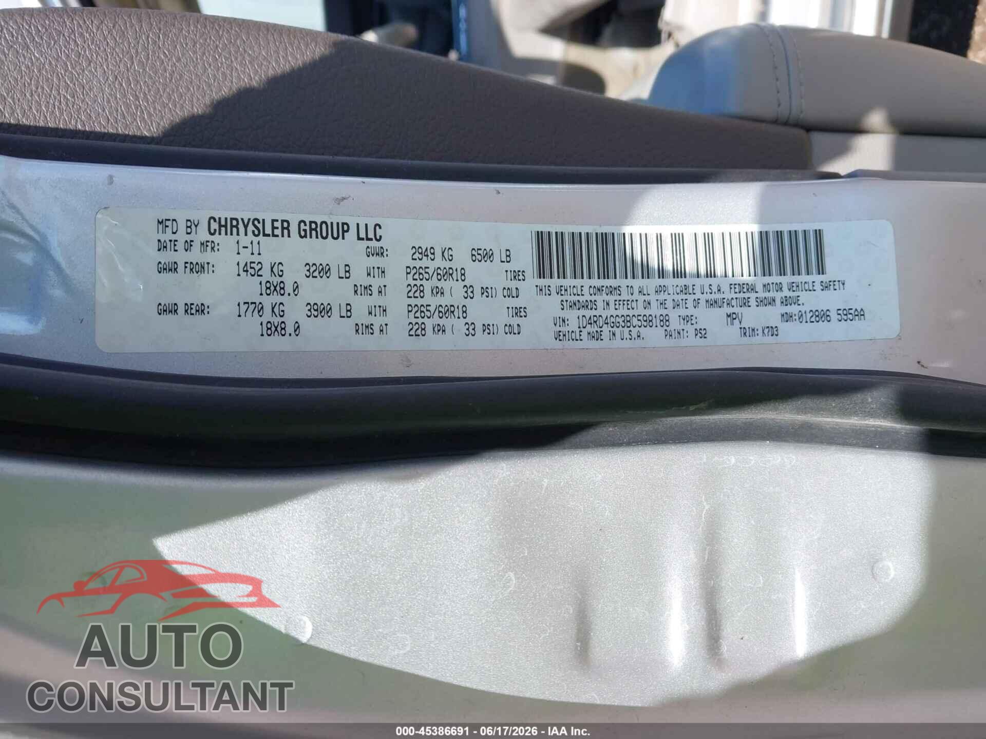 DODGE DURANGO 2011 - 1D4RD4GG3BC598188