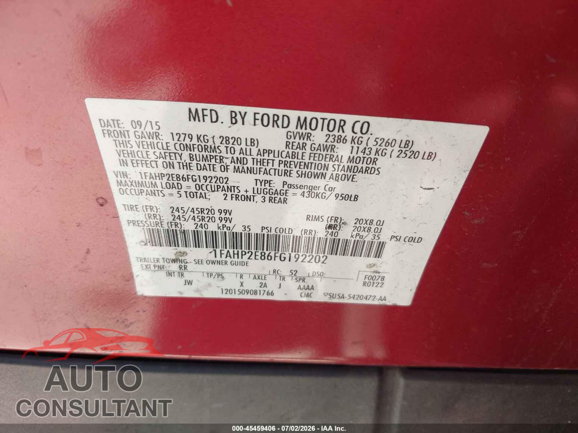 FORD TAURUS 2015 - 1FAHP2E86FG192202
