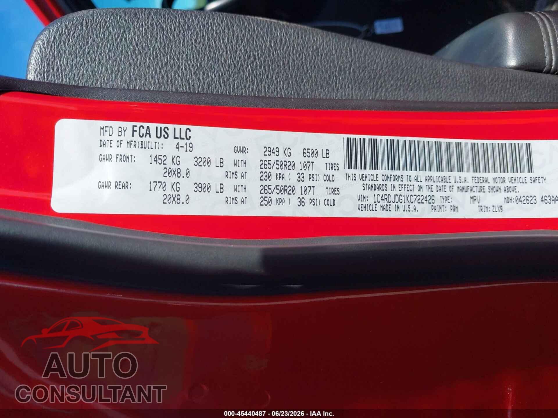 DODGE DURANGO 2019 - 1C4RDJDG1KC722426