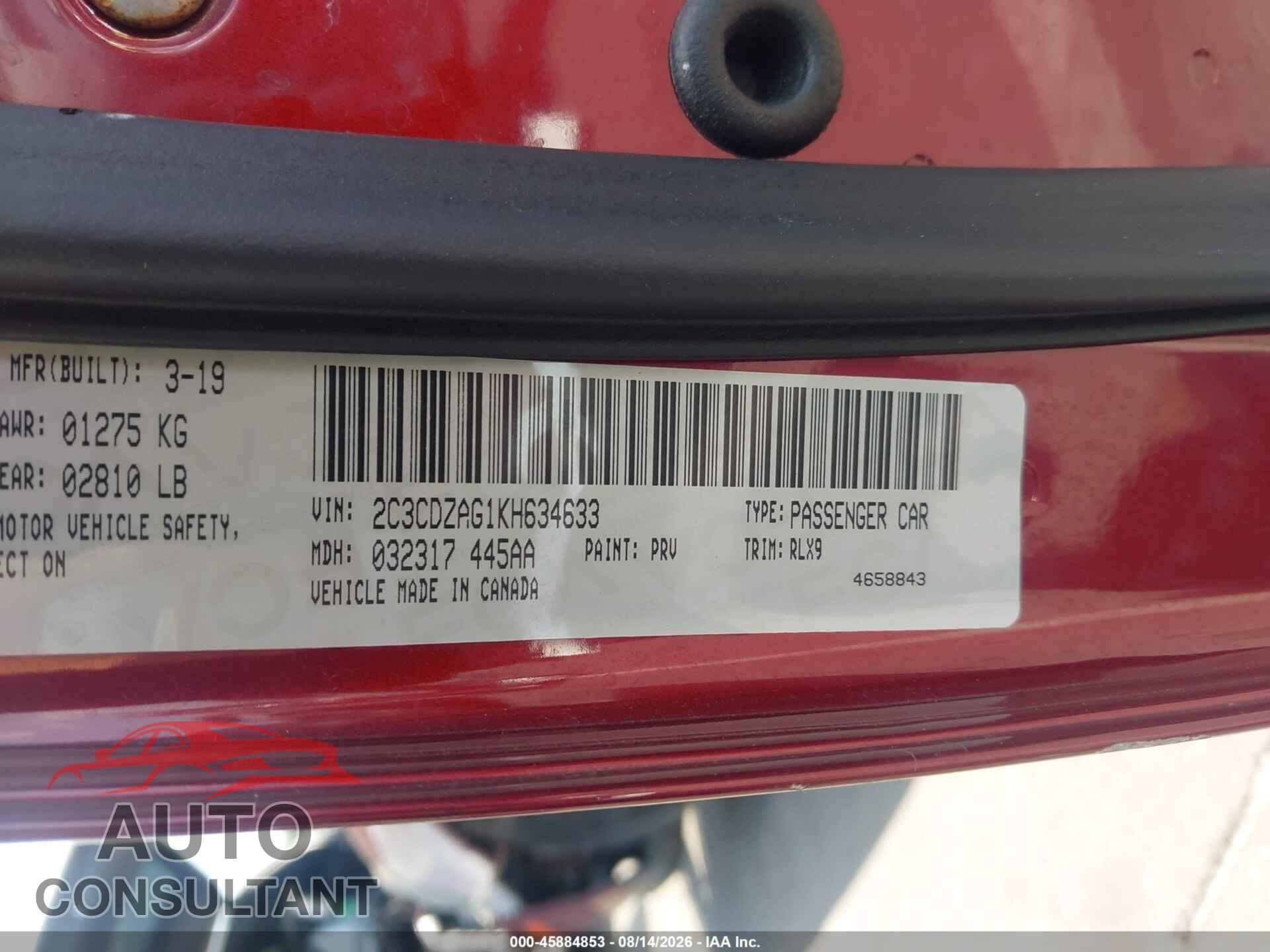 DODGE CHALLENGER 2019 - 2C3CDZAG1KH634633