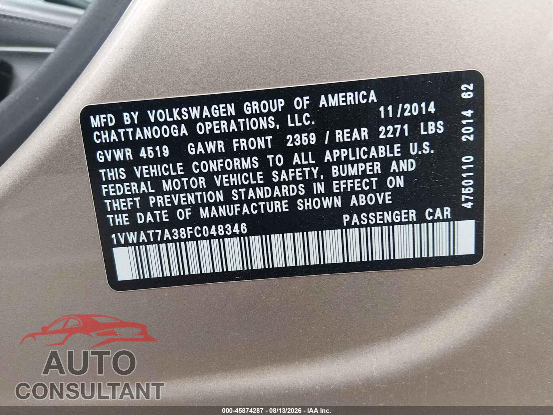 VOLKSWAGEN PASSAT 2015 - 1VWAT7A38FC048346