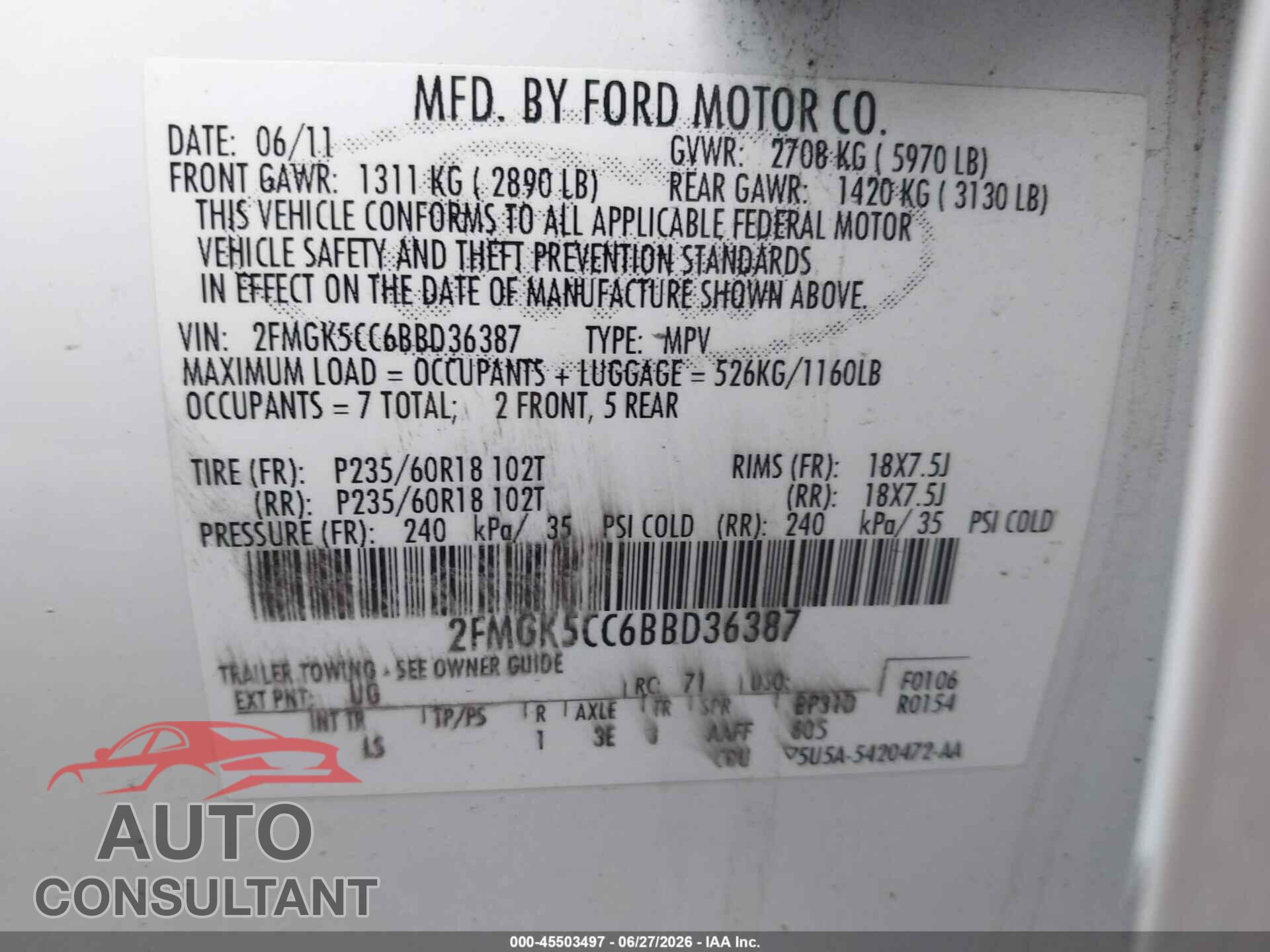 FORD FLEX 2011 - 2FMGK5CC6BBD36387