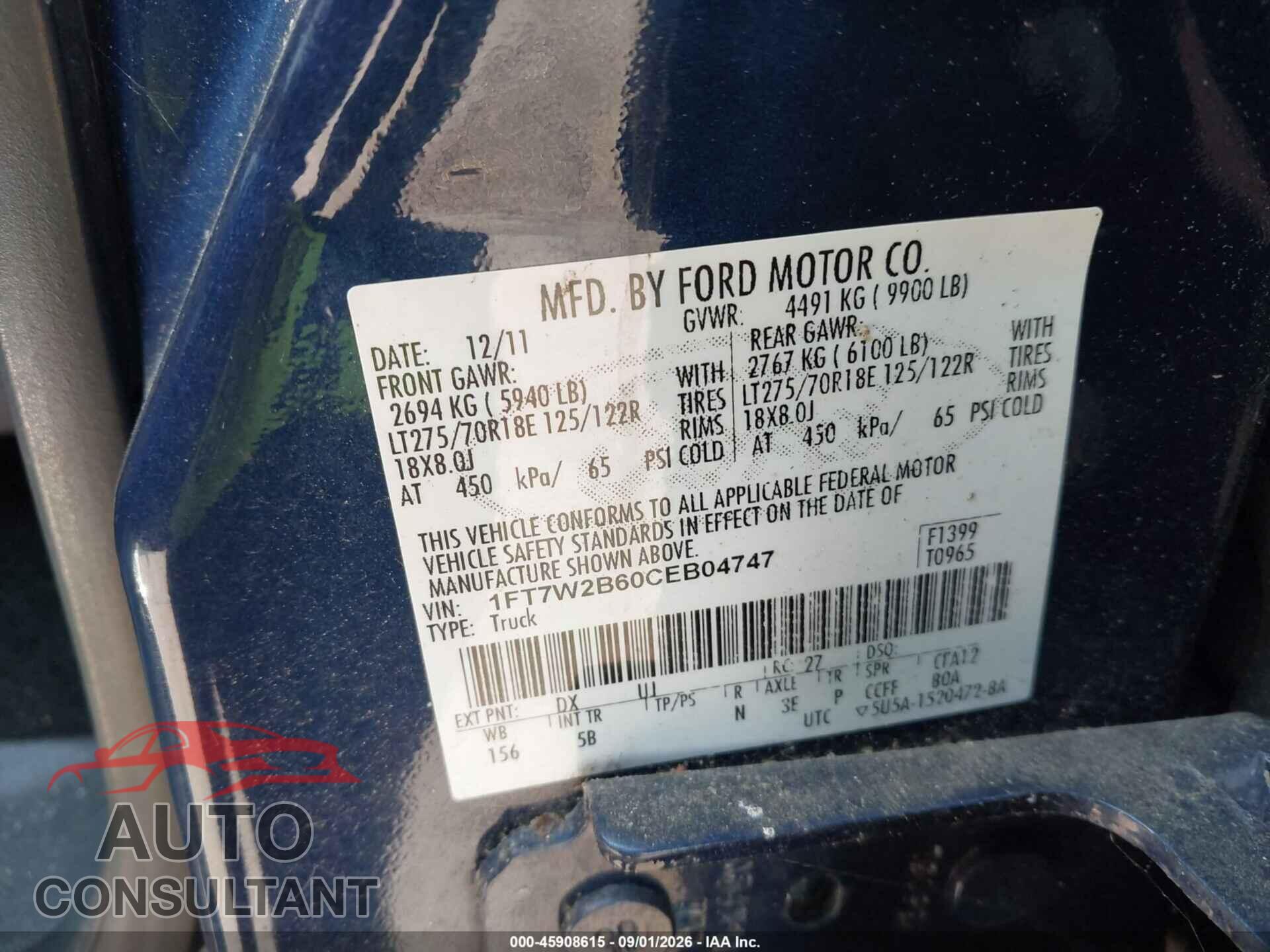 FORD F-250 2012 - 1FT7W2B60CEB04747