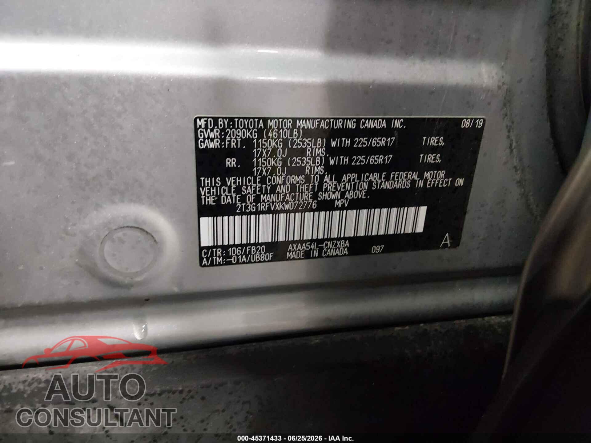 TOYOTA RAV4 2019 - 2T3G1RFVXKW072776