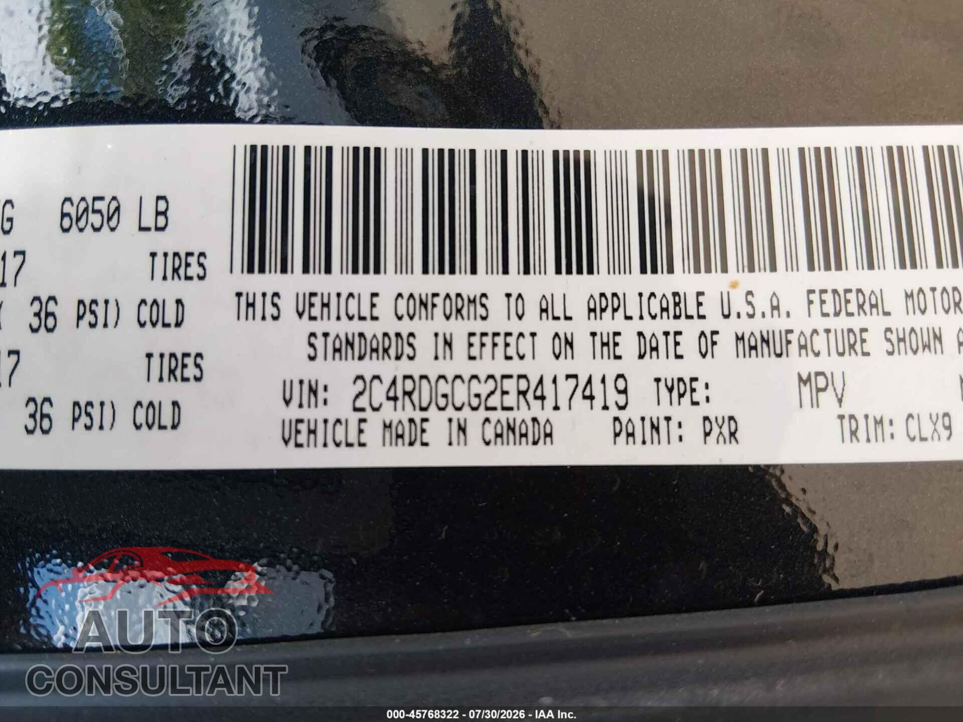 DODGE GRAND CARAVAN 2014 - 2C4RDGCG2ER417419