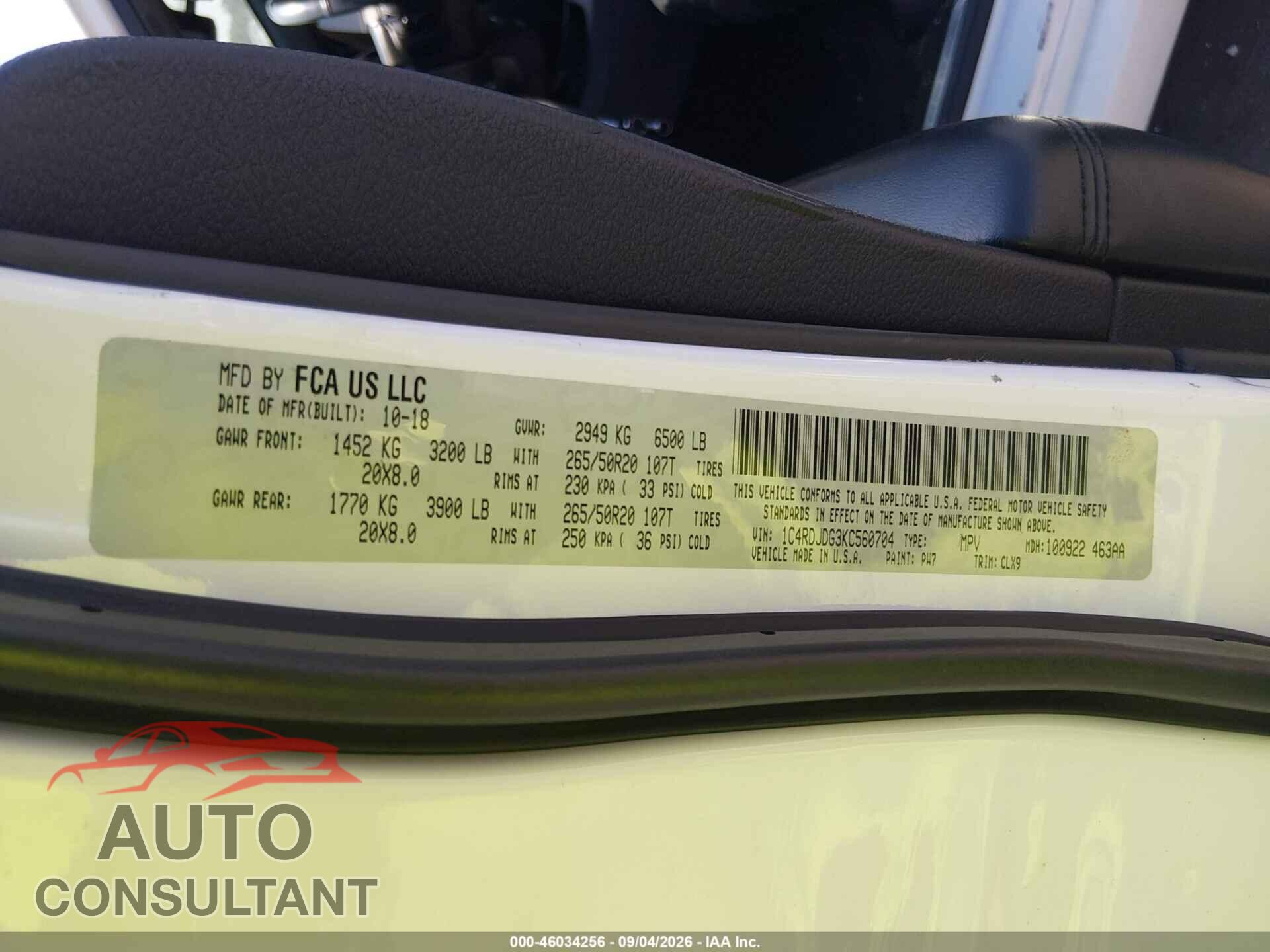 DODGE DURANGO 2019 - 1C4RDJDG3KC560704
