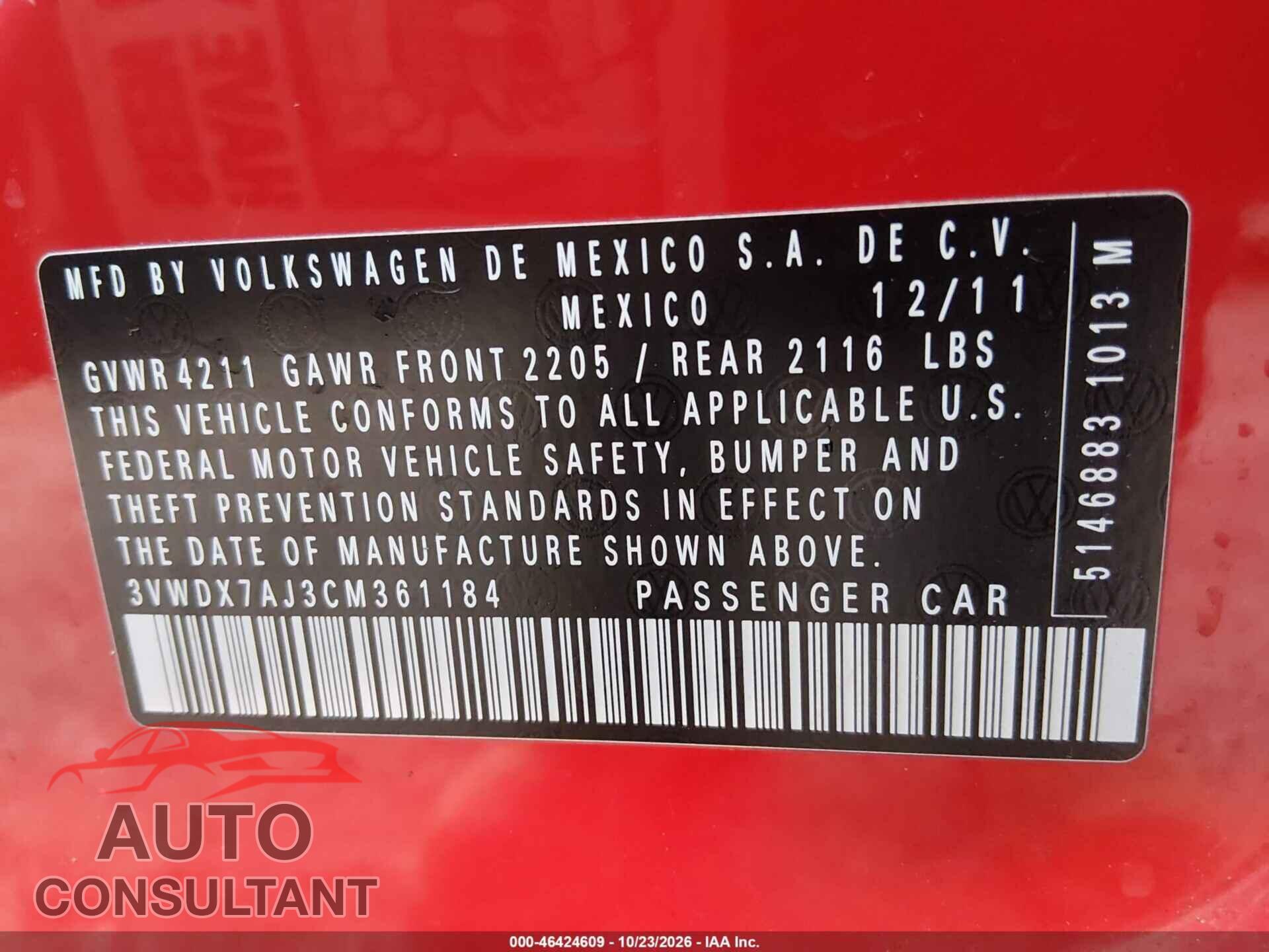VOLKSWAGEN JETTA 2012 - 3VWDX7AJ3CM361184