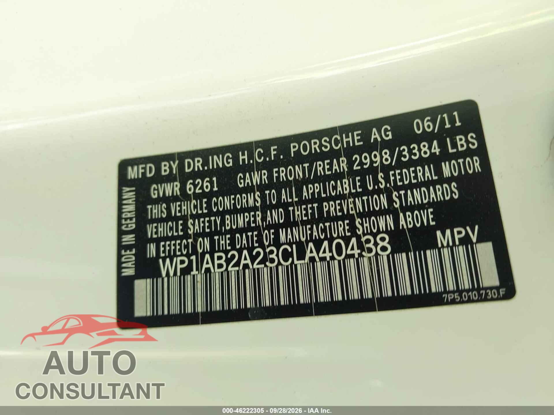 PORSCHE CAYENNE 2012 - WP1AB2A23CLA40438