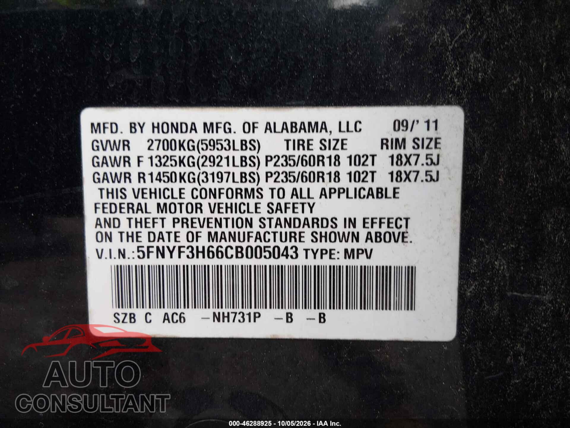 HONDA PILOT 2012 - 5FNYF3H66CB005043