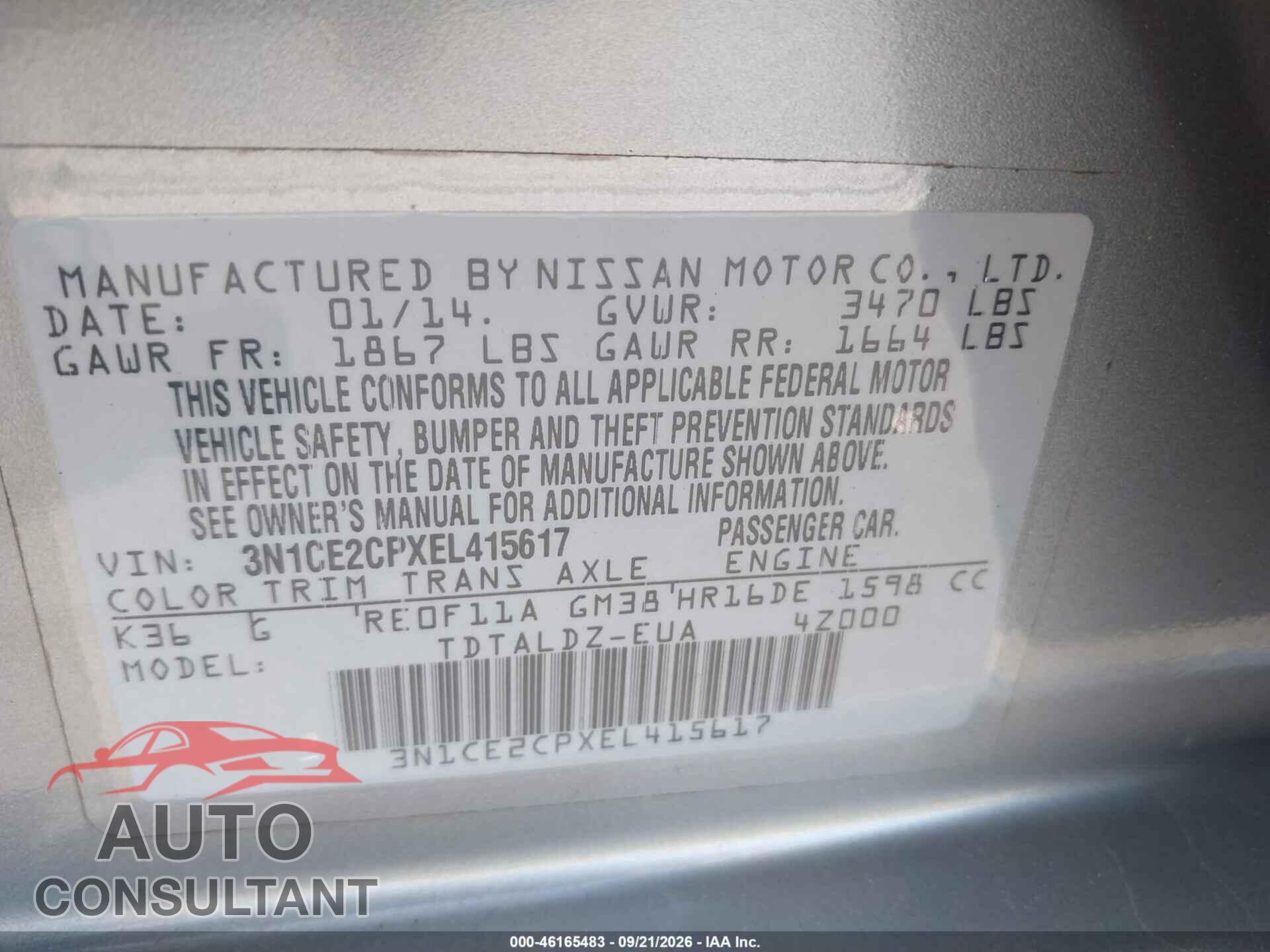 NISSAN VERSA NOTE 2014 - 3N1CE2CPXEL415617