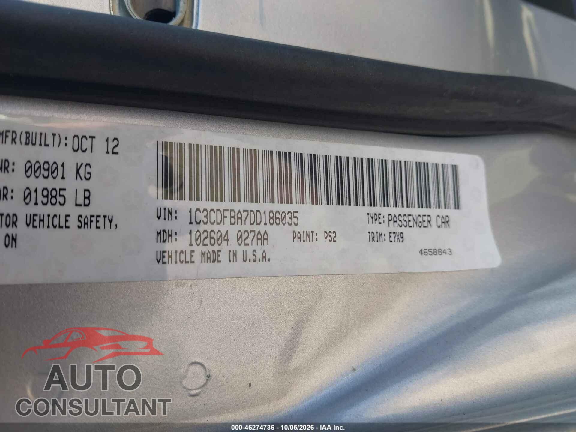 DODGE DART 2013 - 1C3CDFBA7DD186035
