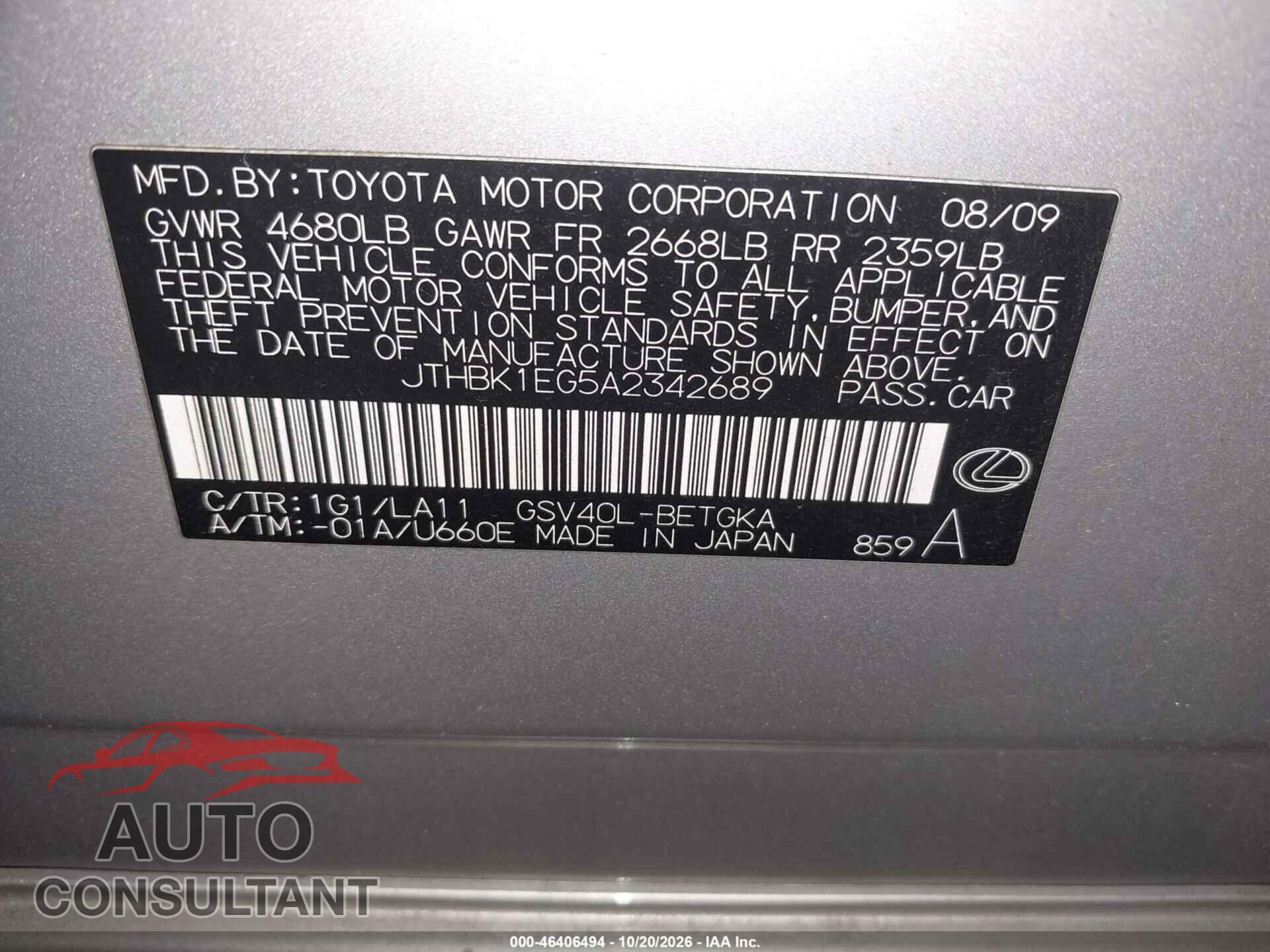 LEXUS ES 350 2010 - JTHBK1EG5A2342689