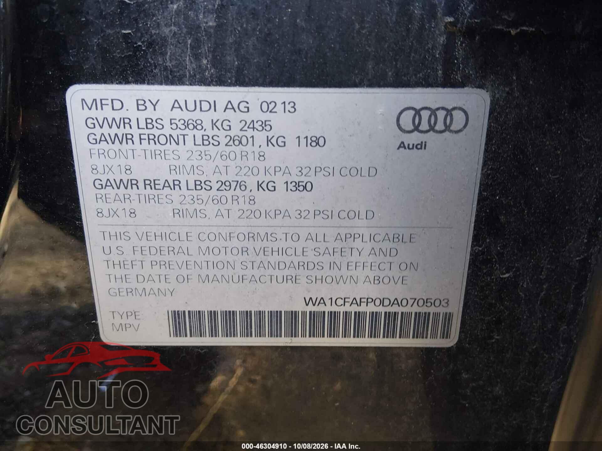 AUDI Q5 2013 - WA1CFAFP0DA070503