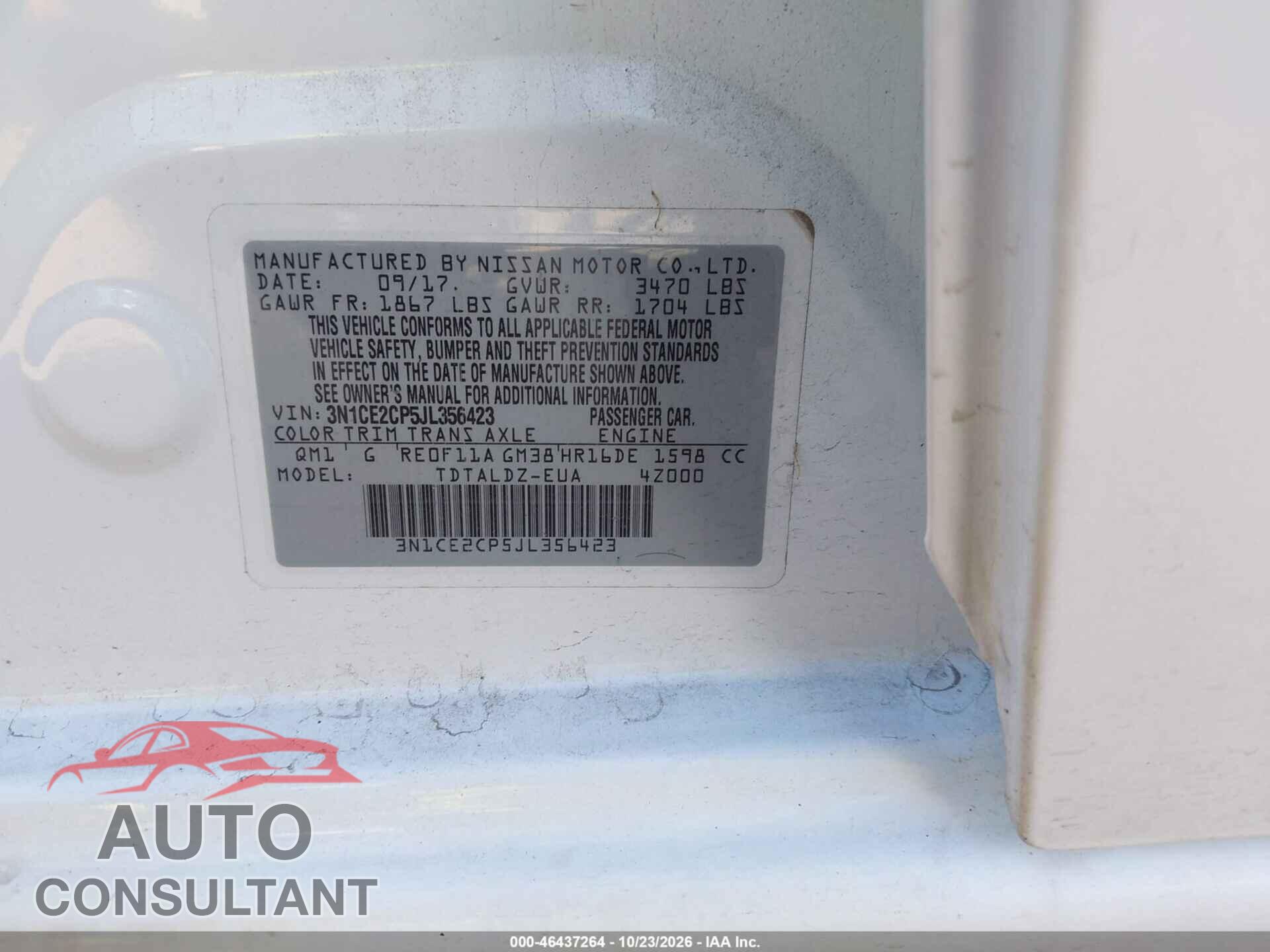 NISSAN VERSA NOTE 2018 - 3N1CE2CP5JL356423