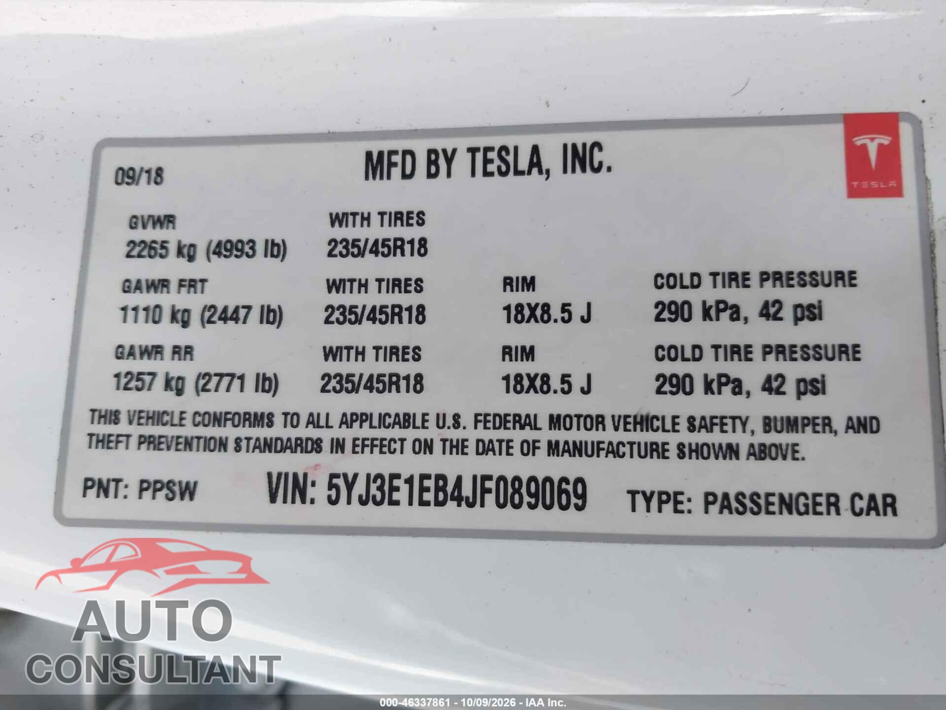 TESLA MODEL 3 2018 - 5YJ3E1EB4JF089069