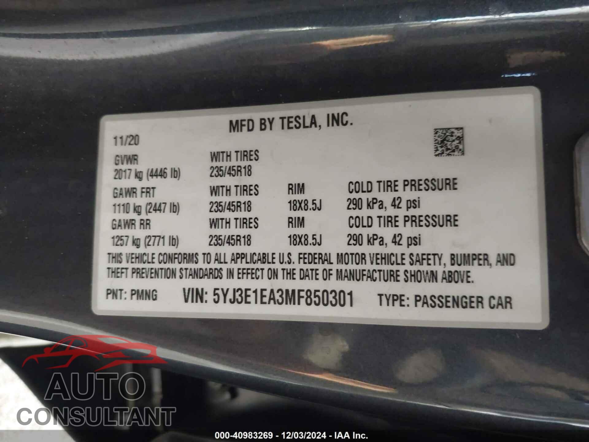 TESLA MODEL 3 2021 - 5YJ3E1EA3MF850301