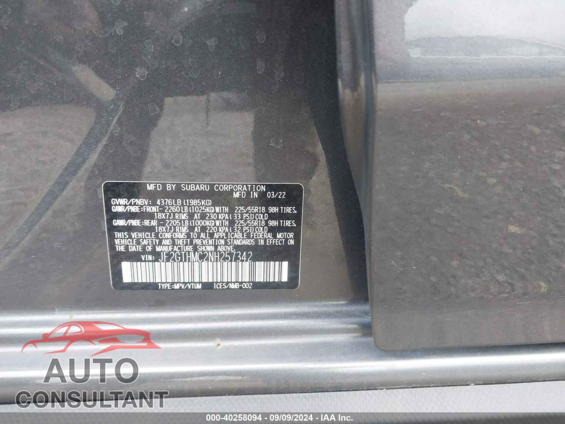 SUBARU CROSSTREK 2022 - JF2GTHMC2NH257342