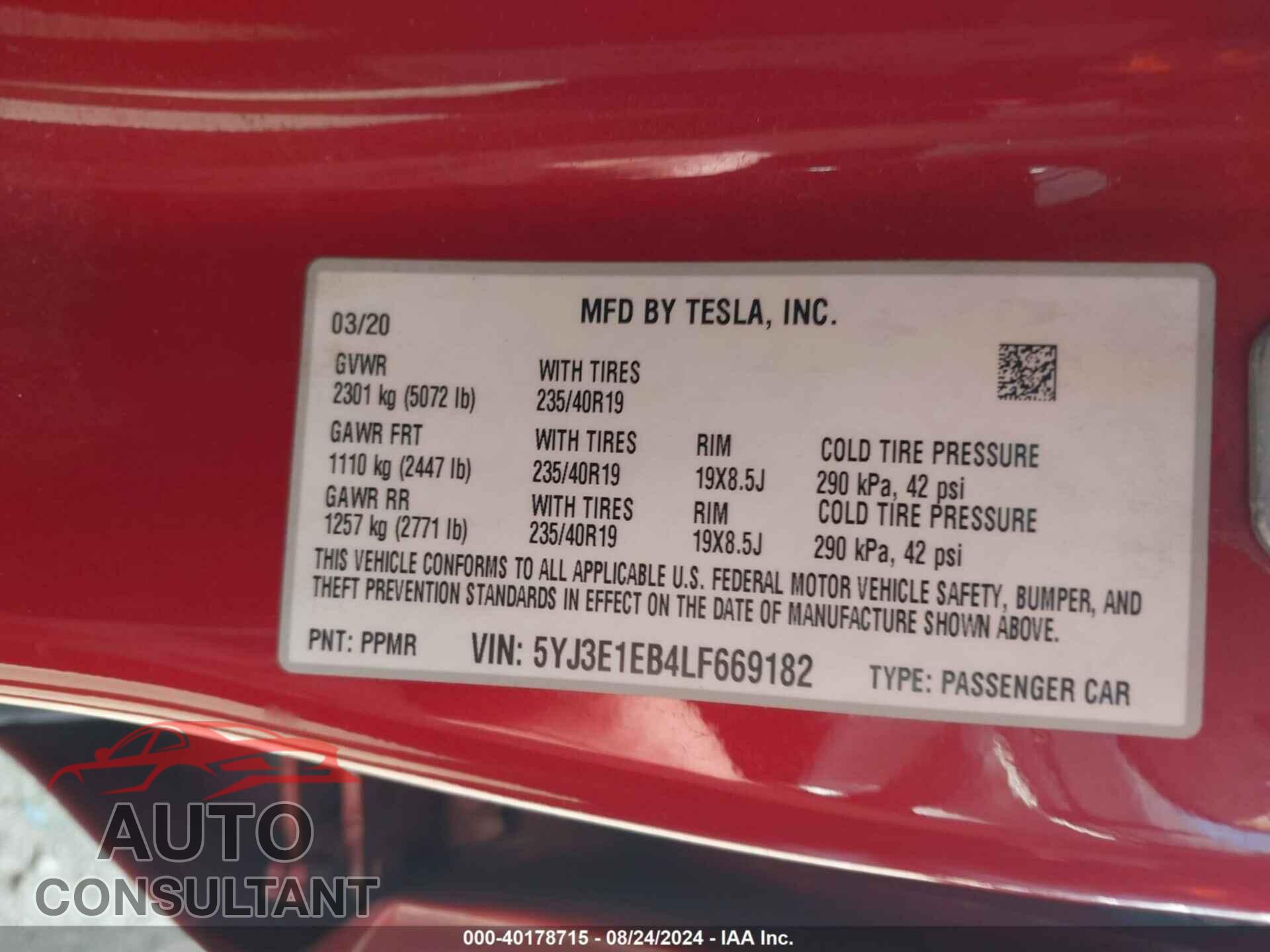 TESLA MODEL 3 2020 - 5YJ3E1EB4LF669182