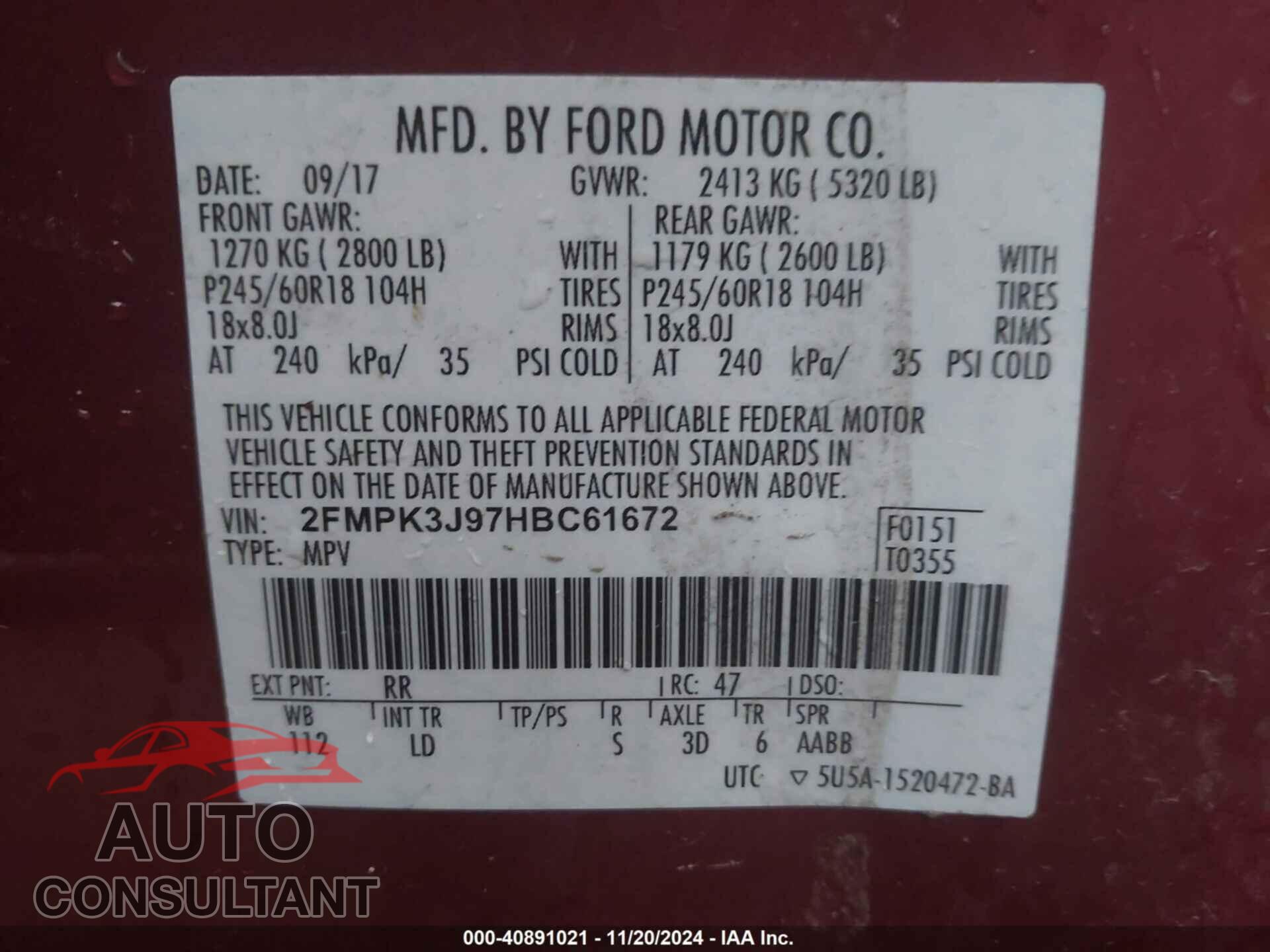 FORD EDGE 2017 - 2FMPK3J97HBC61672