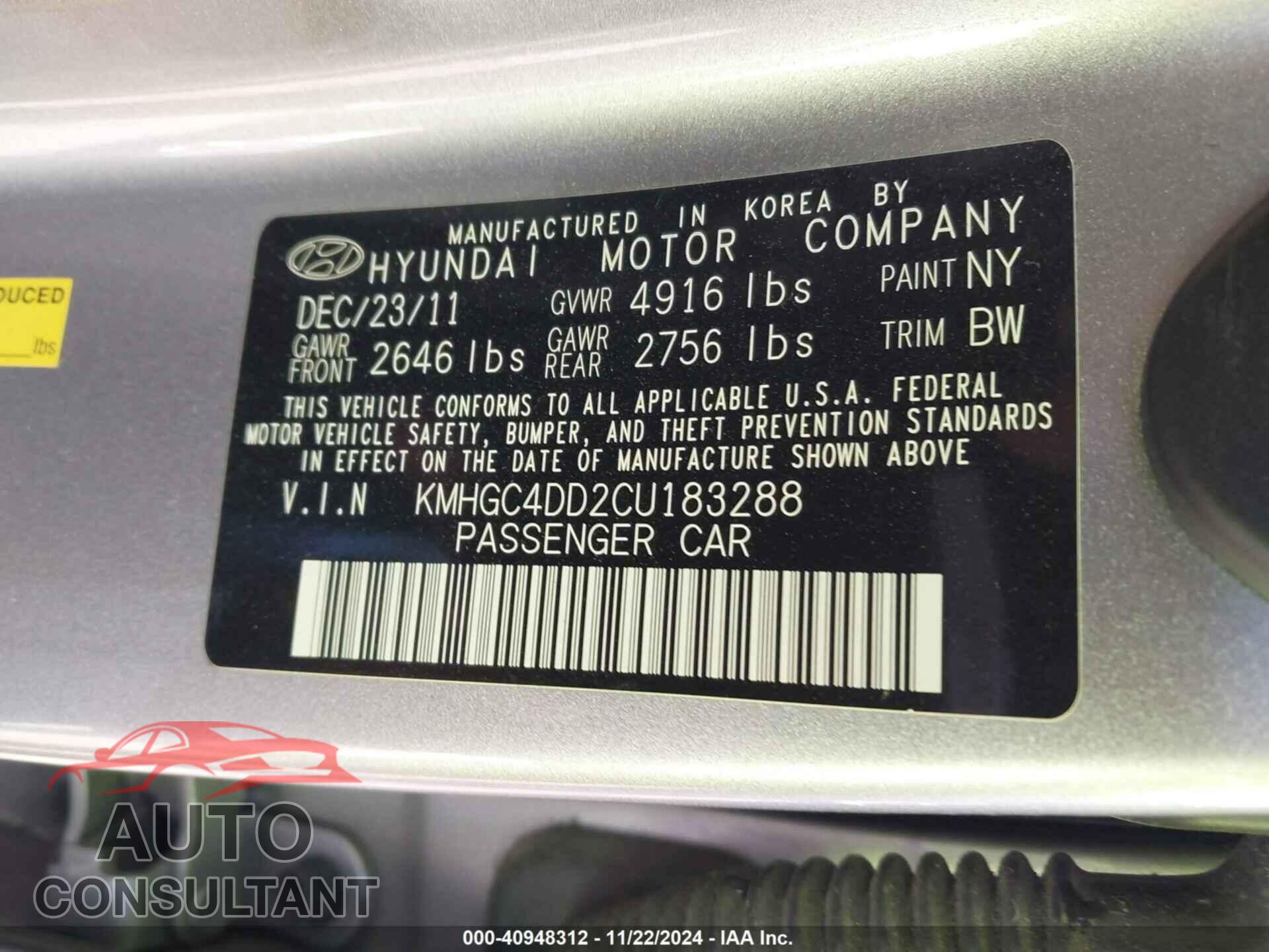 HYUNDAI GENESIS 2012 - KMHGC4DD2CU183288